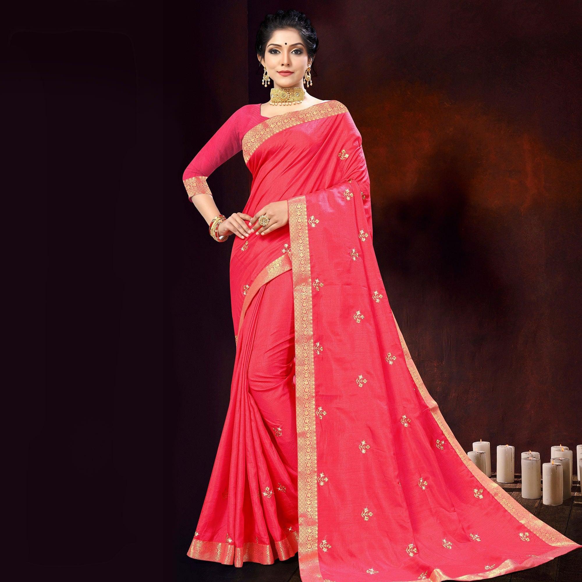 Pink Embellished With Embroidered Vichitra Silk Saree - Peachmode