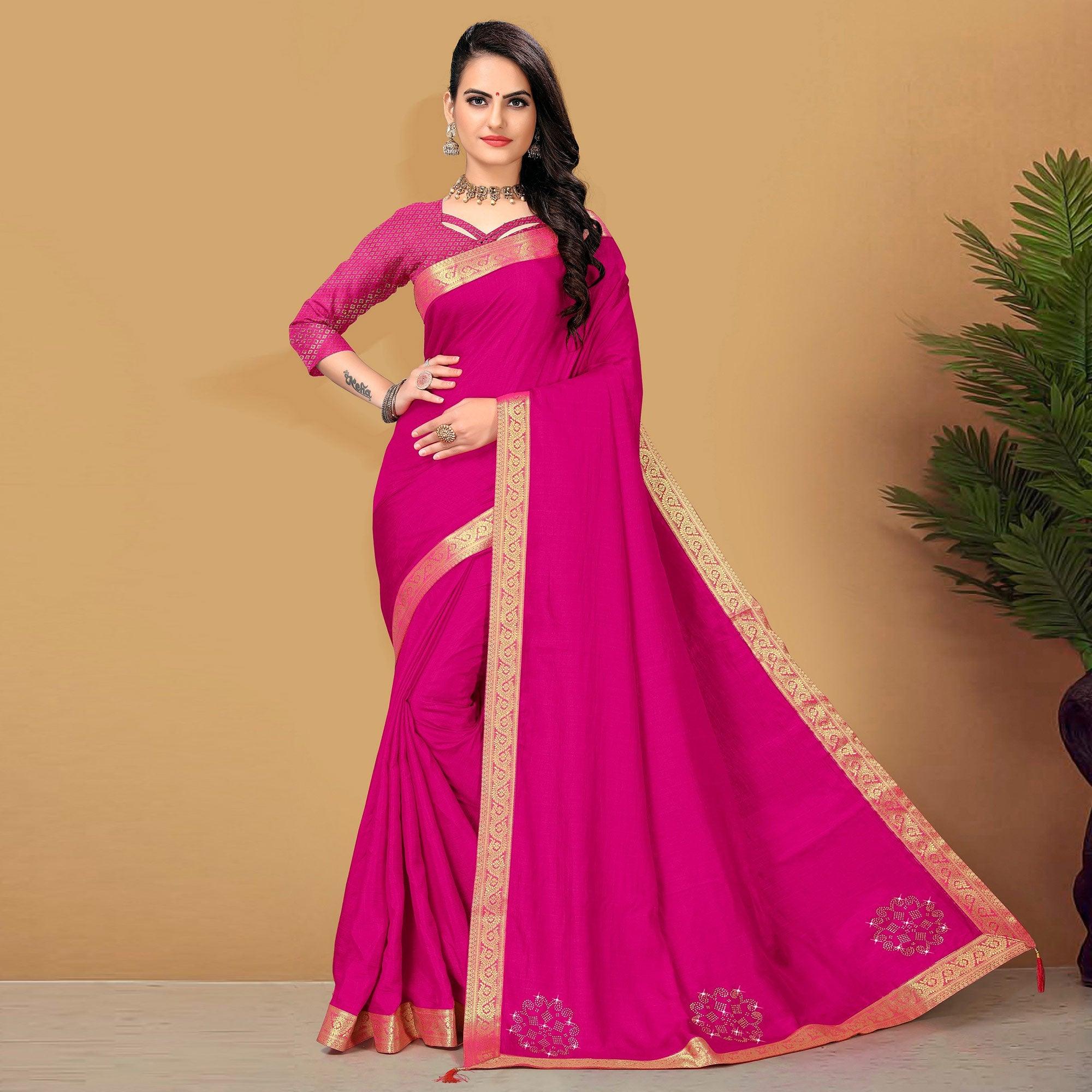 Pink Embellished With Embroidered Vichitra Silk Saree - Peachmode