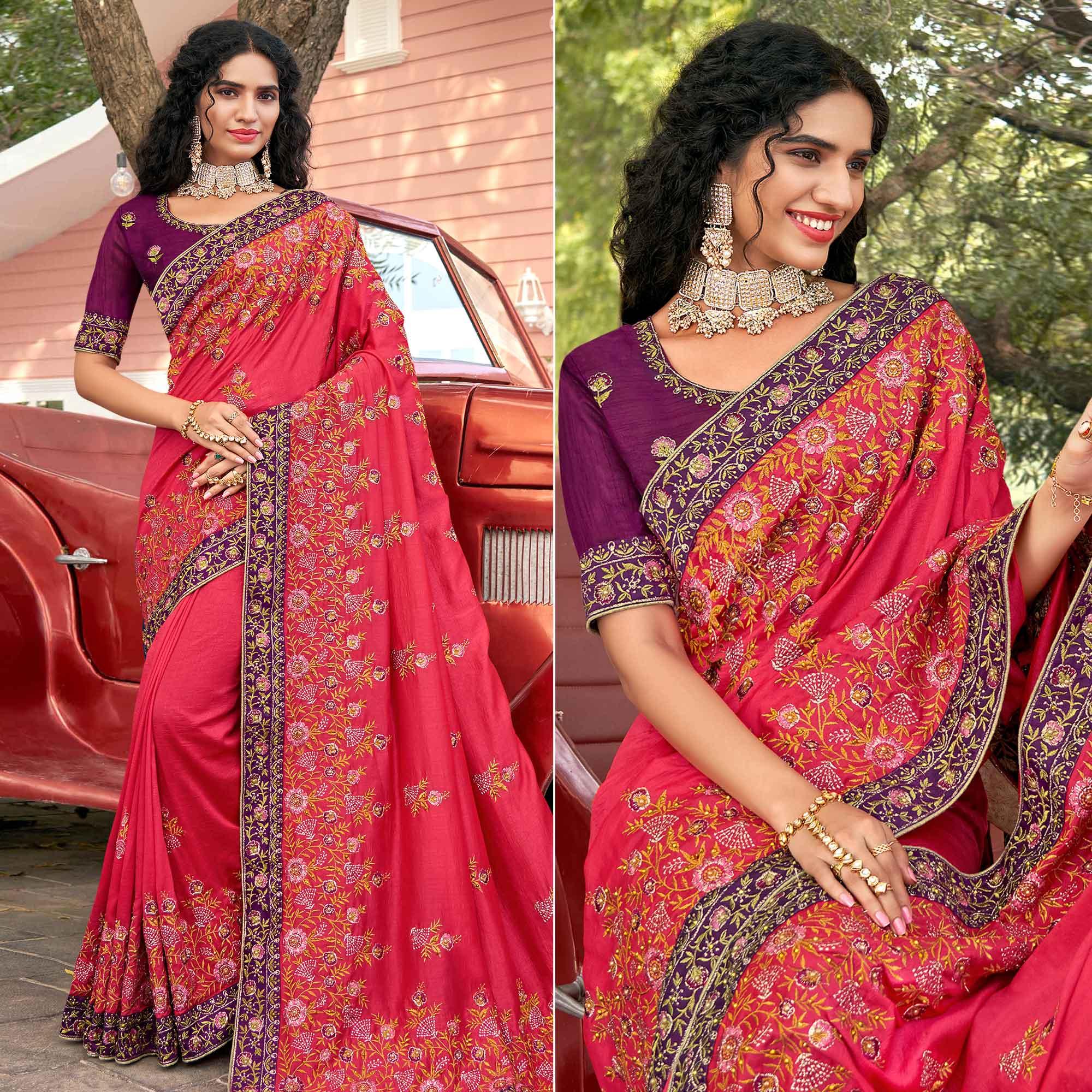 Pink Embellished With Embroidered Vichitra Silk Saree - Peachmode