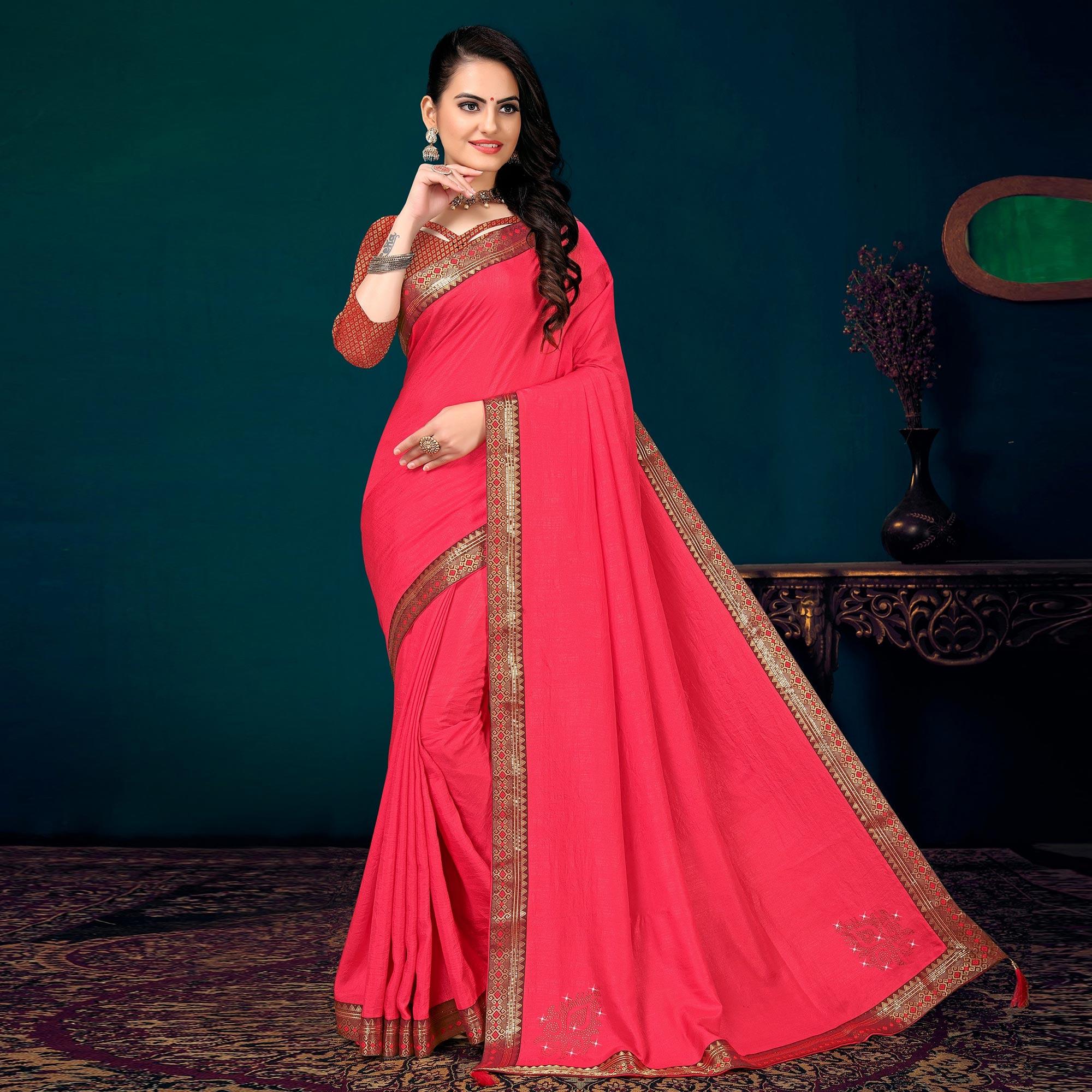 Pink Embellished With Embroidered Vichitra Silk Saree - Peachmode