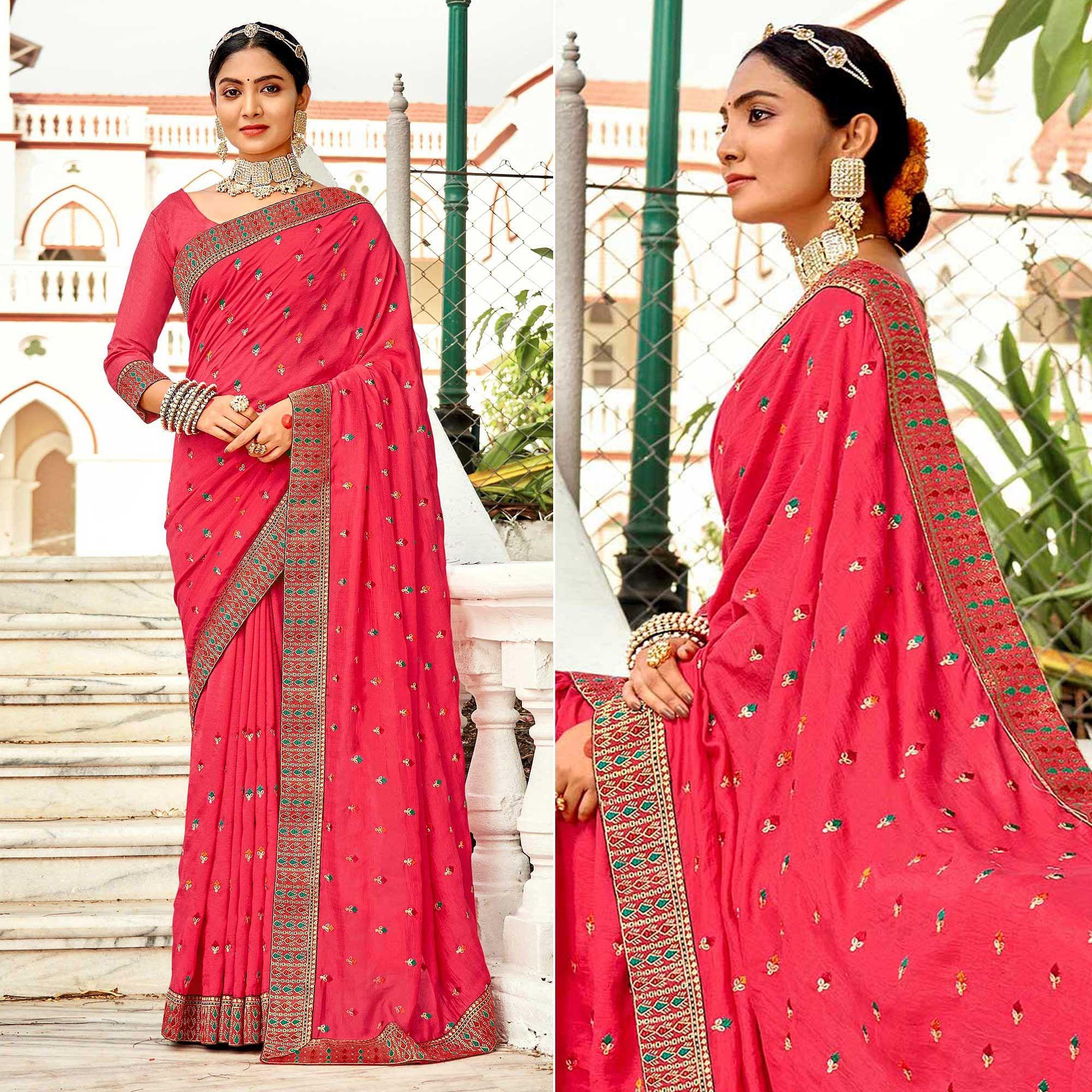 Pink Embellished With Embroidered Vichitra Silk Saree - Peachmode
