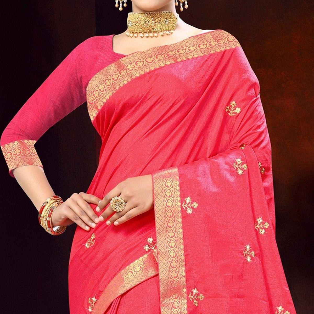 Pink Embellished With Embroidered Vichitra Silk Saree - Peachmode