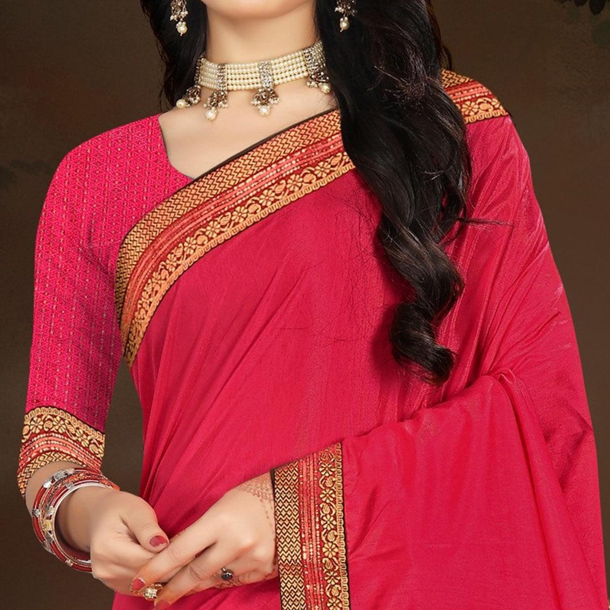 Pink Embellished With Embroidered Vichitra Silk Saree - Peachmode