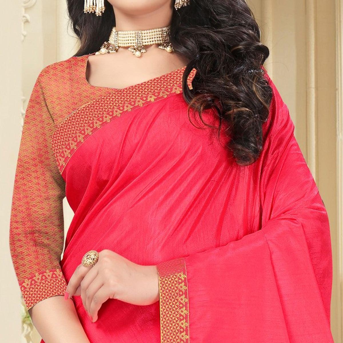 Pink Embellished With Embroidered Vichitra Silk Saree - Peachmode