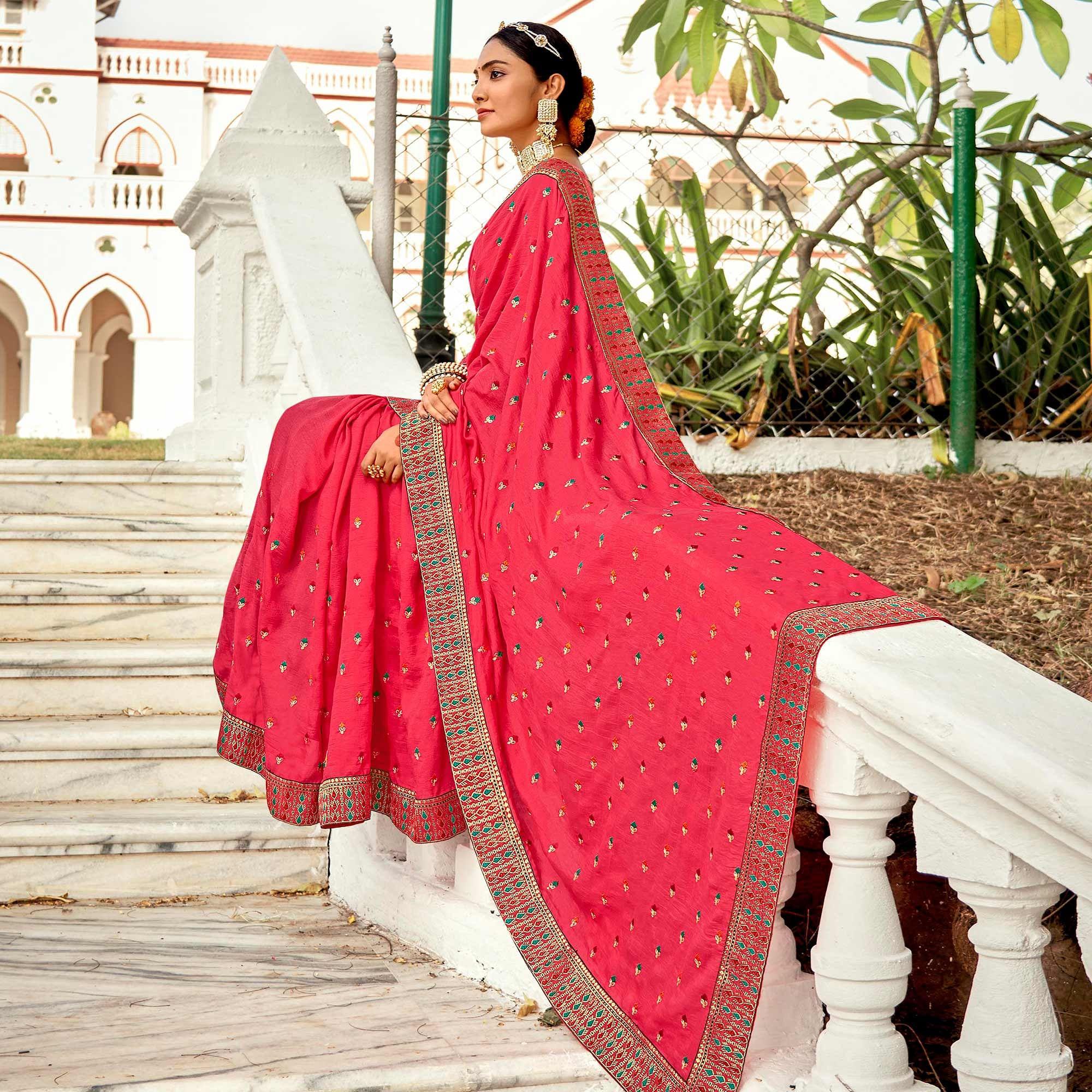 Pink Embellished With Embroidered Vichitra Silk Saree - Peachmode