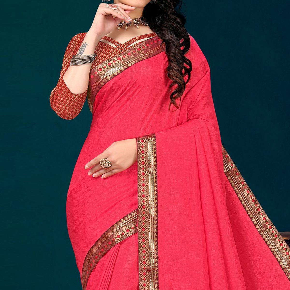 Pink Embellished With Embroidered Vichitra Silk Saree - Peachmode