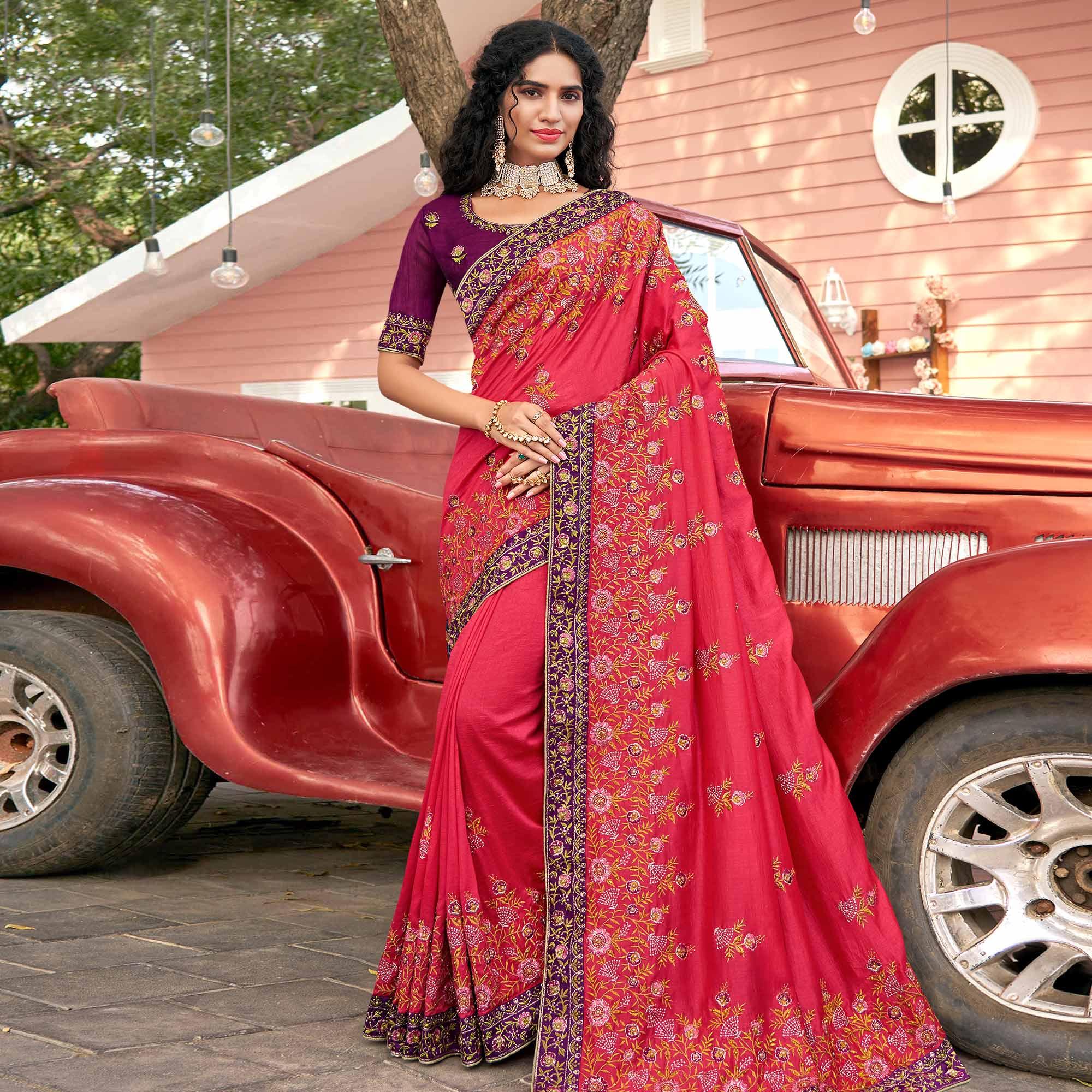 Pink Embellished With Embroidered Vichitra Silk Saree - Peachmode