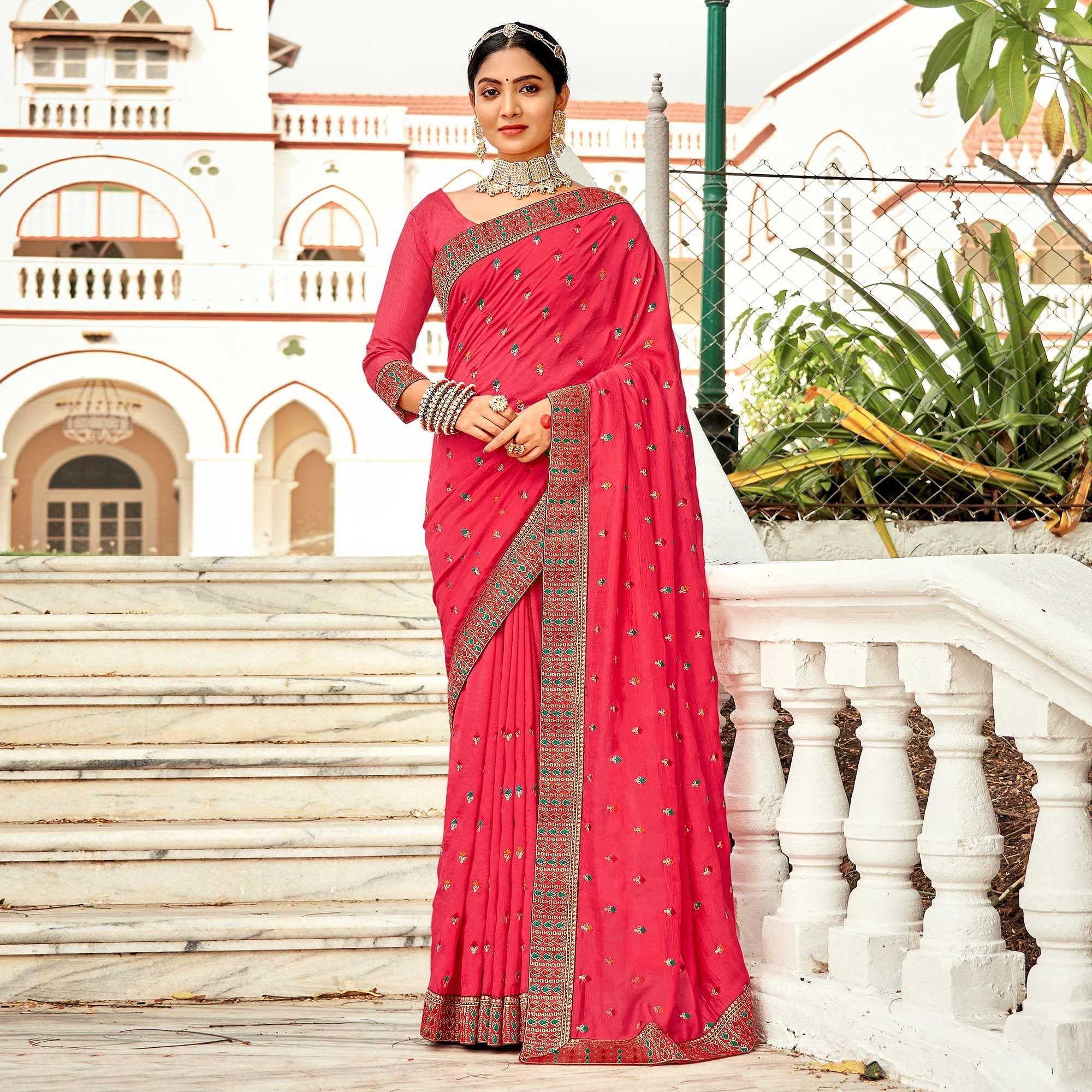 Pink Embellished With Embroidered Vichitra Silk Saree - Peachmode