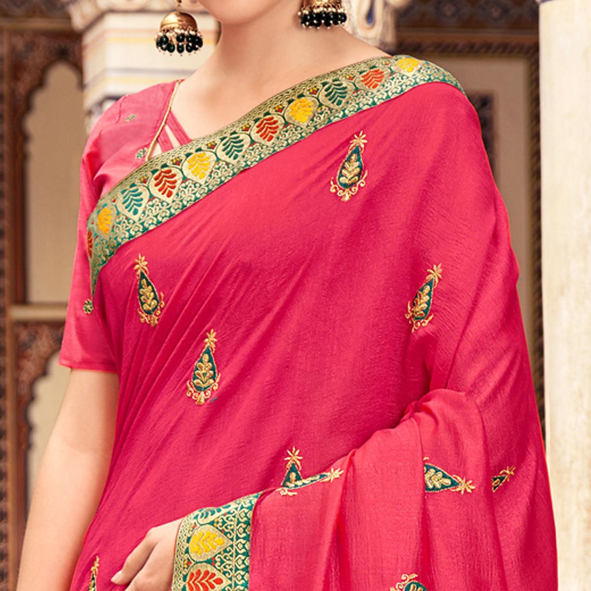 Pink Embellished With Embroidered Vichitra Silk Saree - Peachmode