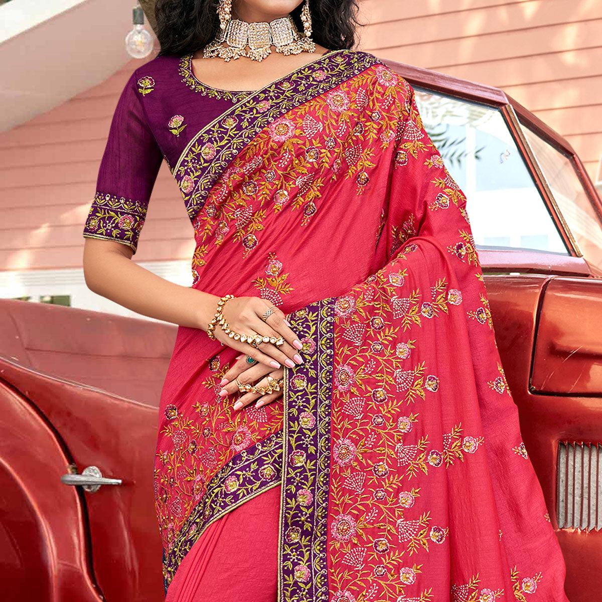 Pink Embellished With Embroidered Vichitra Silk Saree - Peachmode