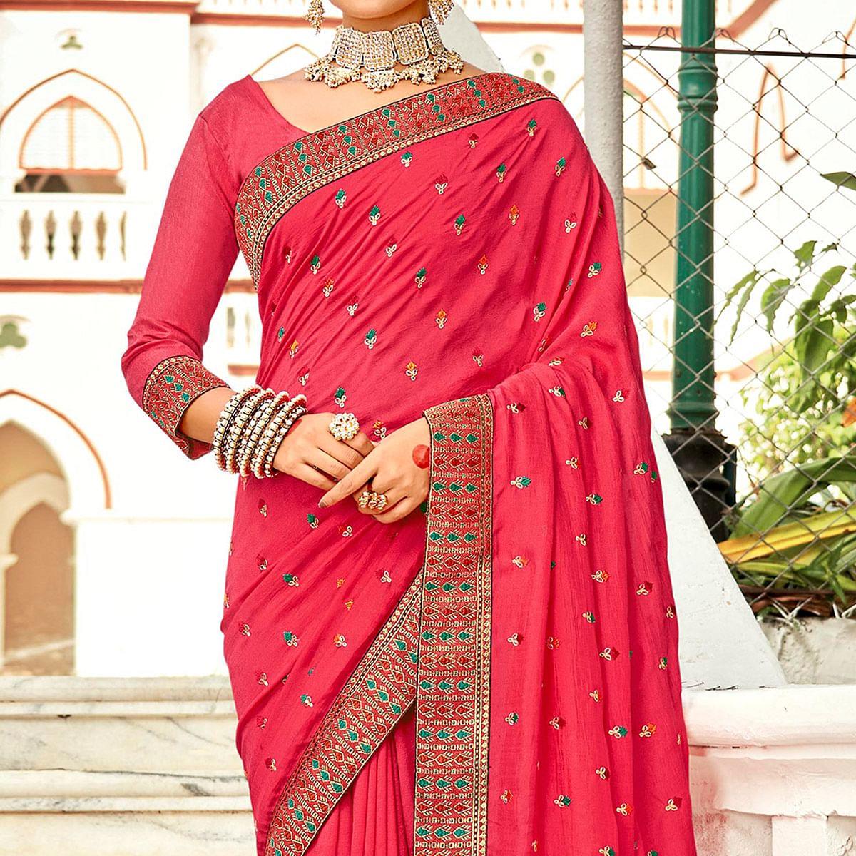Pink Embellished With Embroidered Vichitra Silk Saree - Peachmode