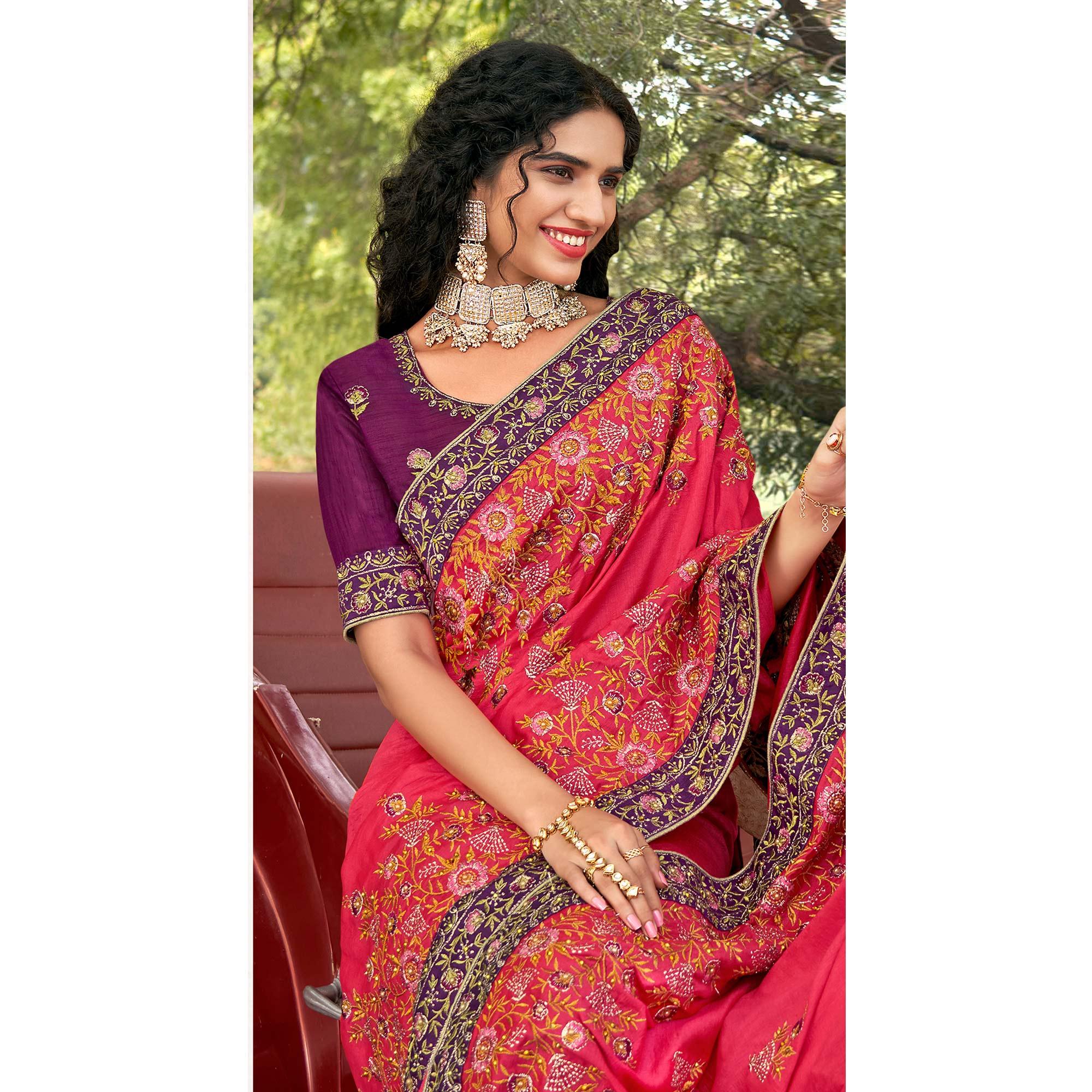 Pink Embellished With Embroidered Vichitra Silk Saree - Peachmode