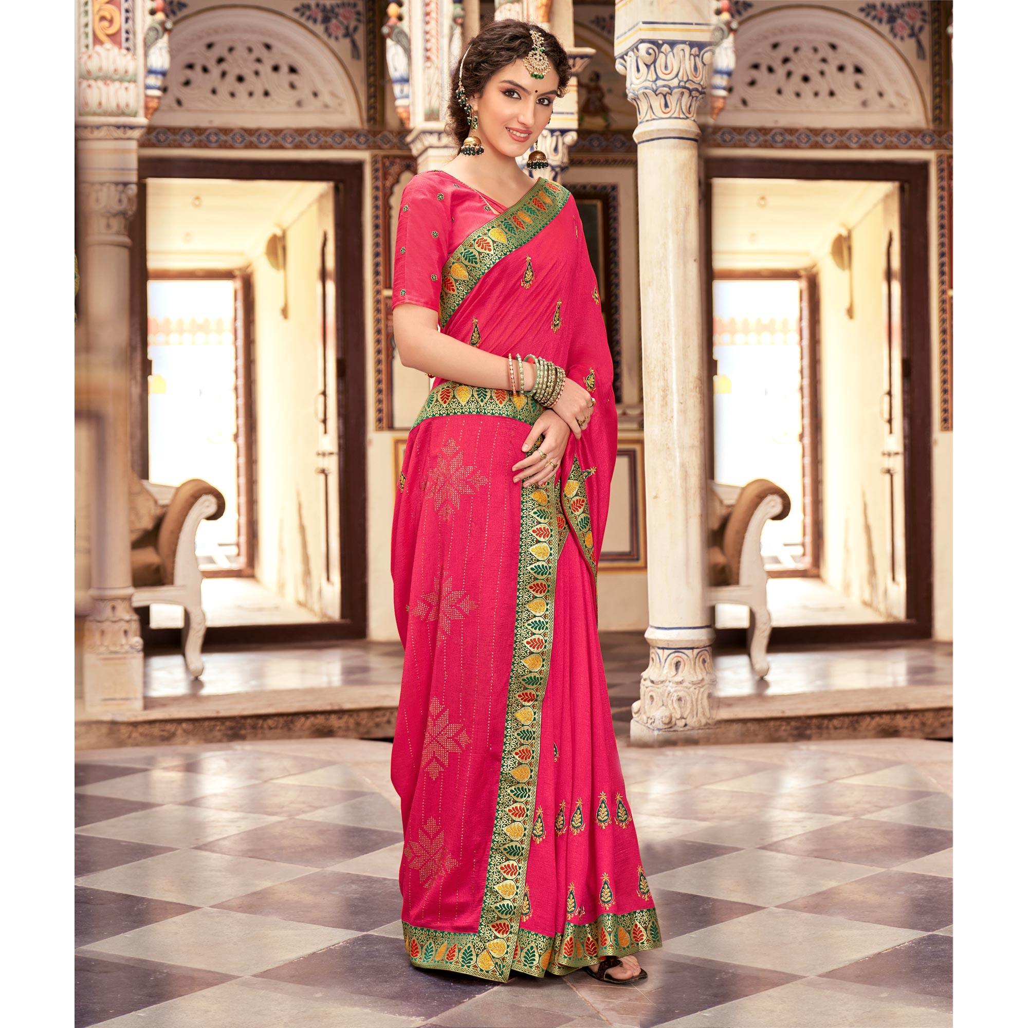 Pink Embellished With Embroidered Vichitra Silk Saree - Peachmode