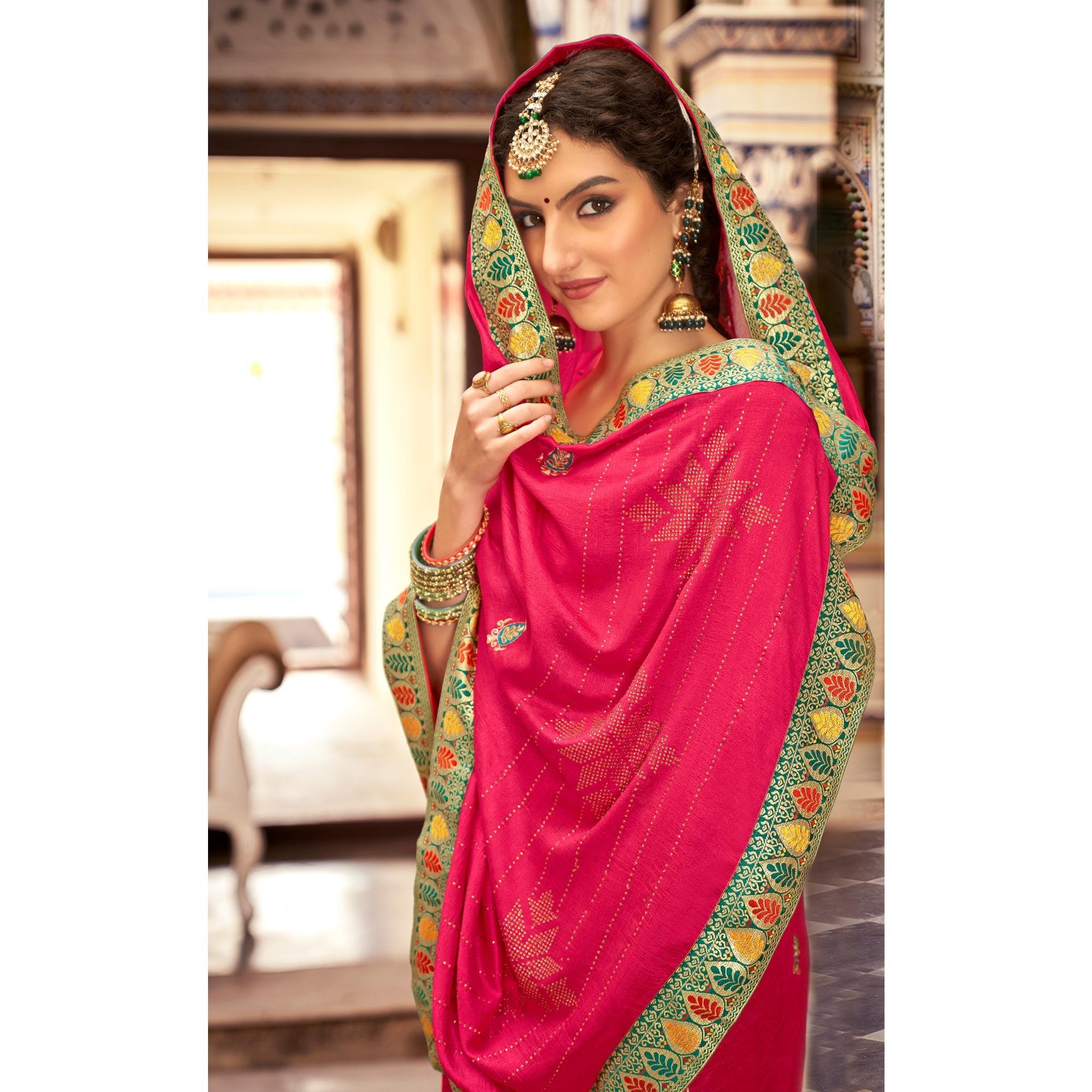 Pink Embellished With Embroidered Vichitra Silk Saree - Peachmode