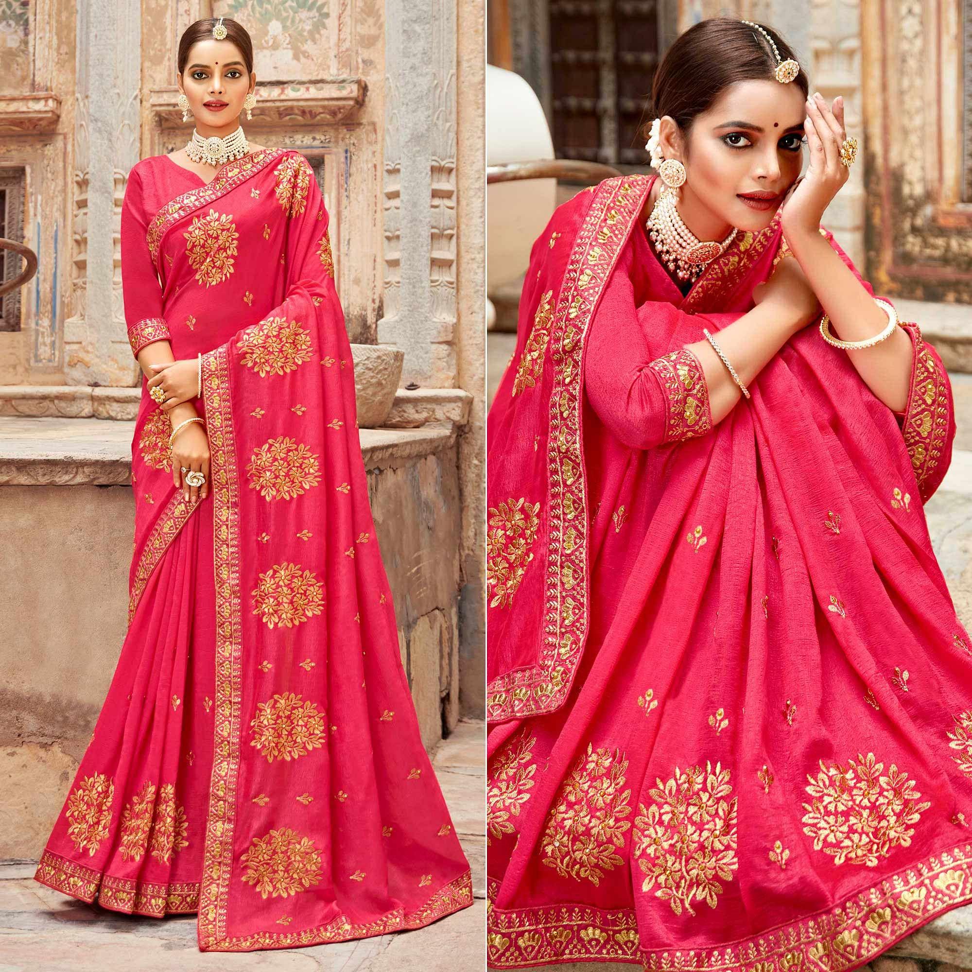 Pink Embellished With Woven Vichitra Silk Saree - Peachmode