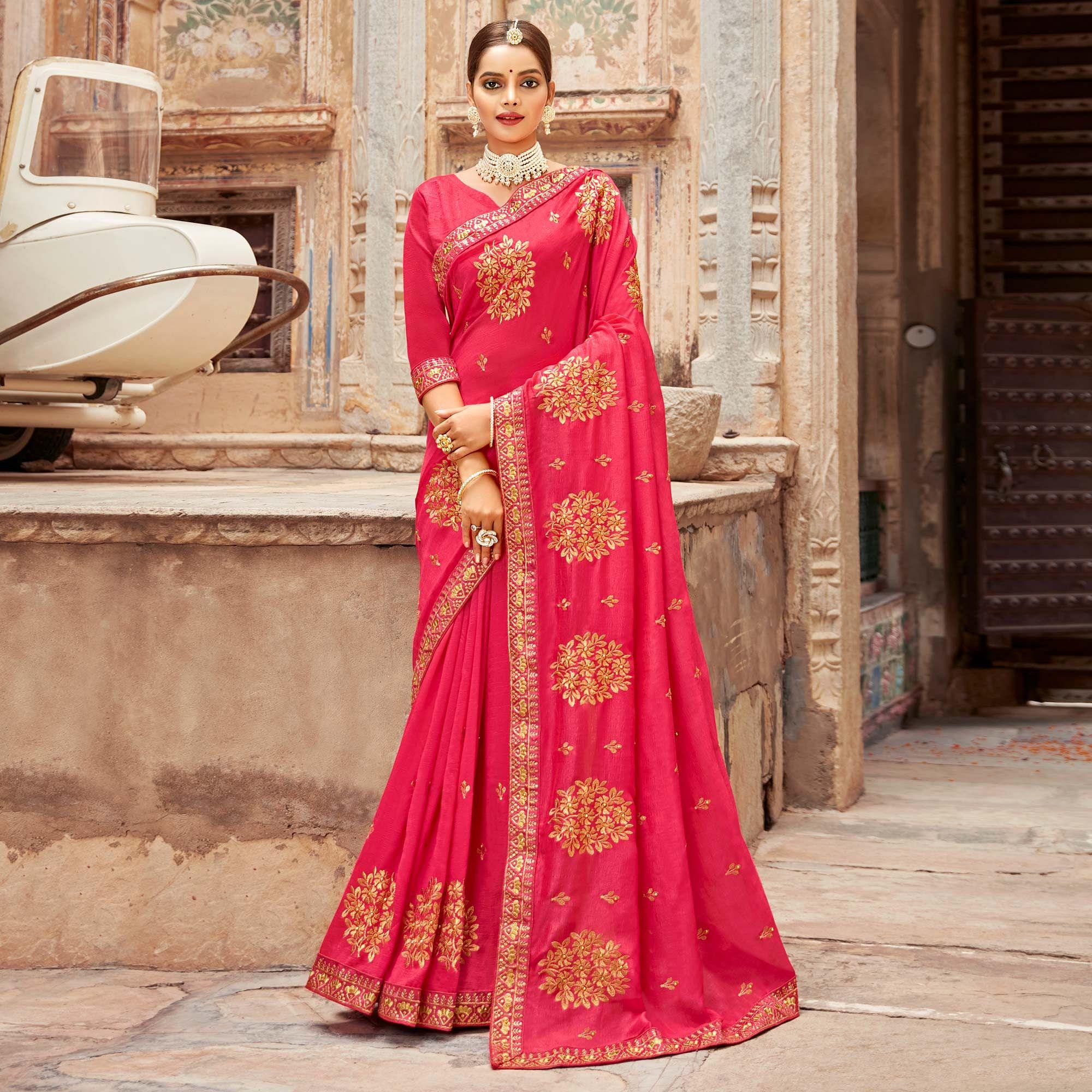 Pink Embellished With Woven Vichitra Silk Saree - Peachmode