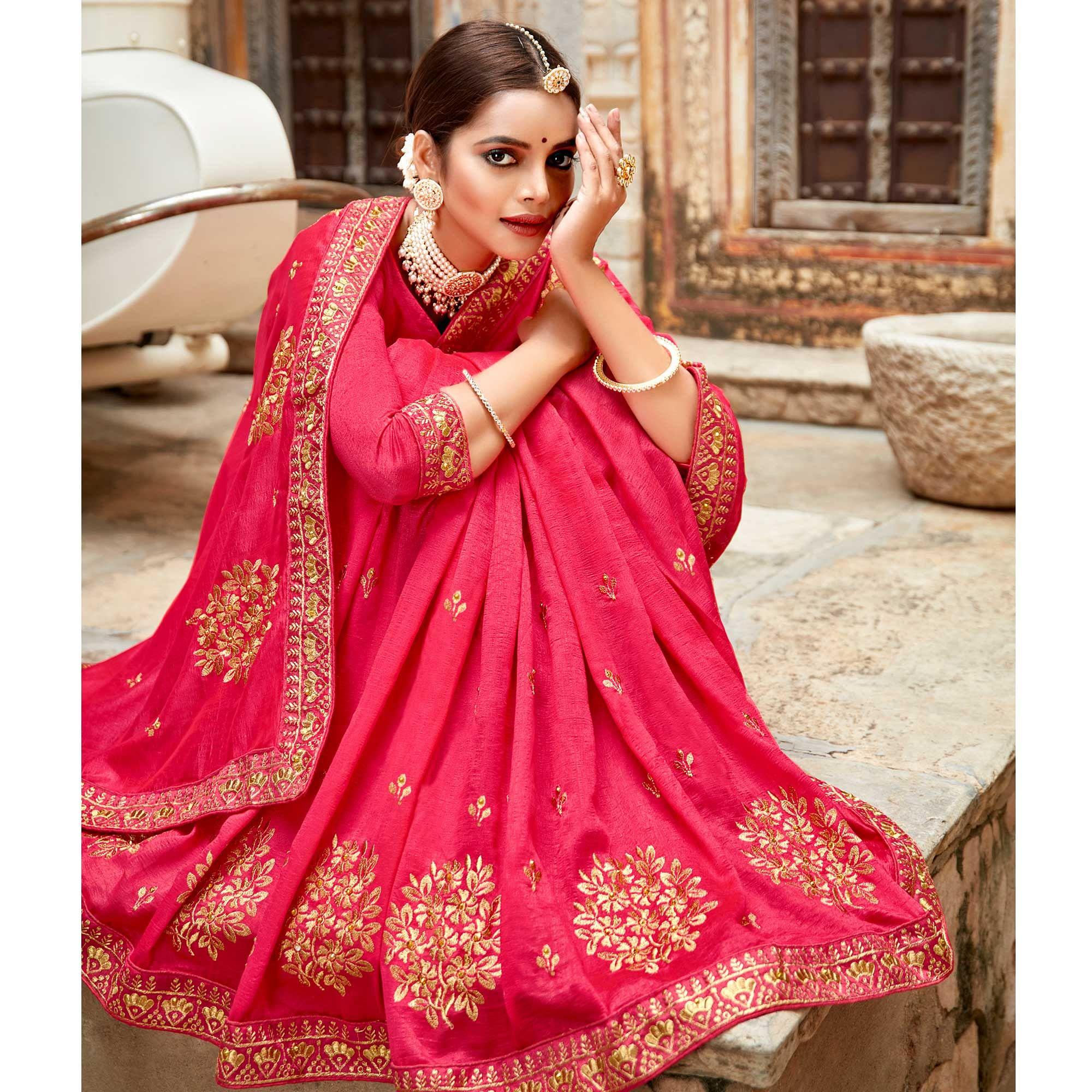 Pink Embellished With Woven Vichitra Silk Saree - Peachmode