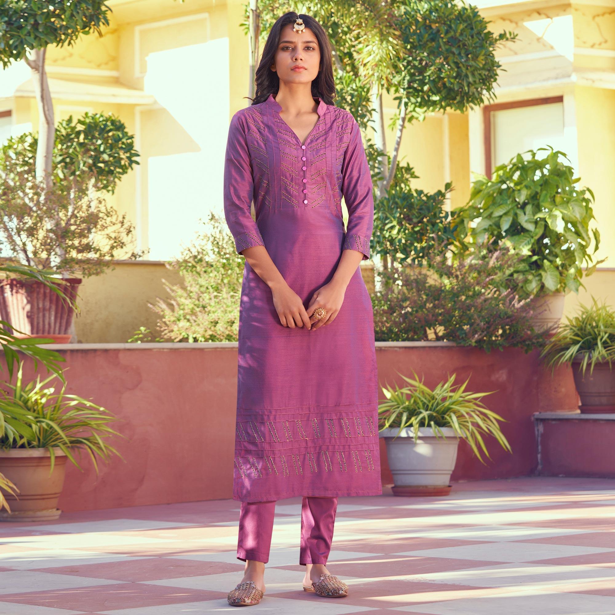 Pink Embroidered Art Silk Kurti Pant Set - Peachmode