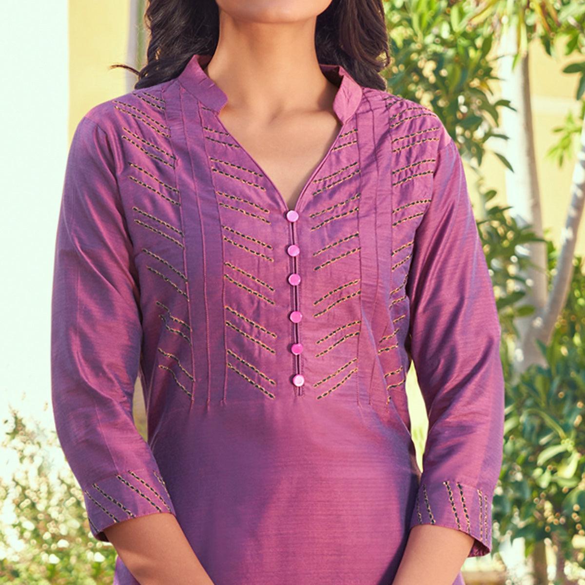 Pink Embroidered Art Silk Kurti Pant Set - Peachmode