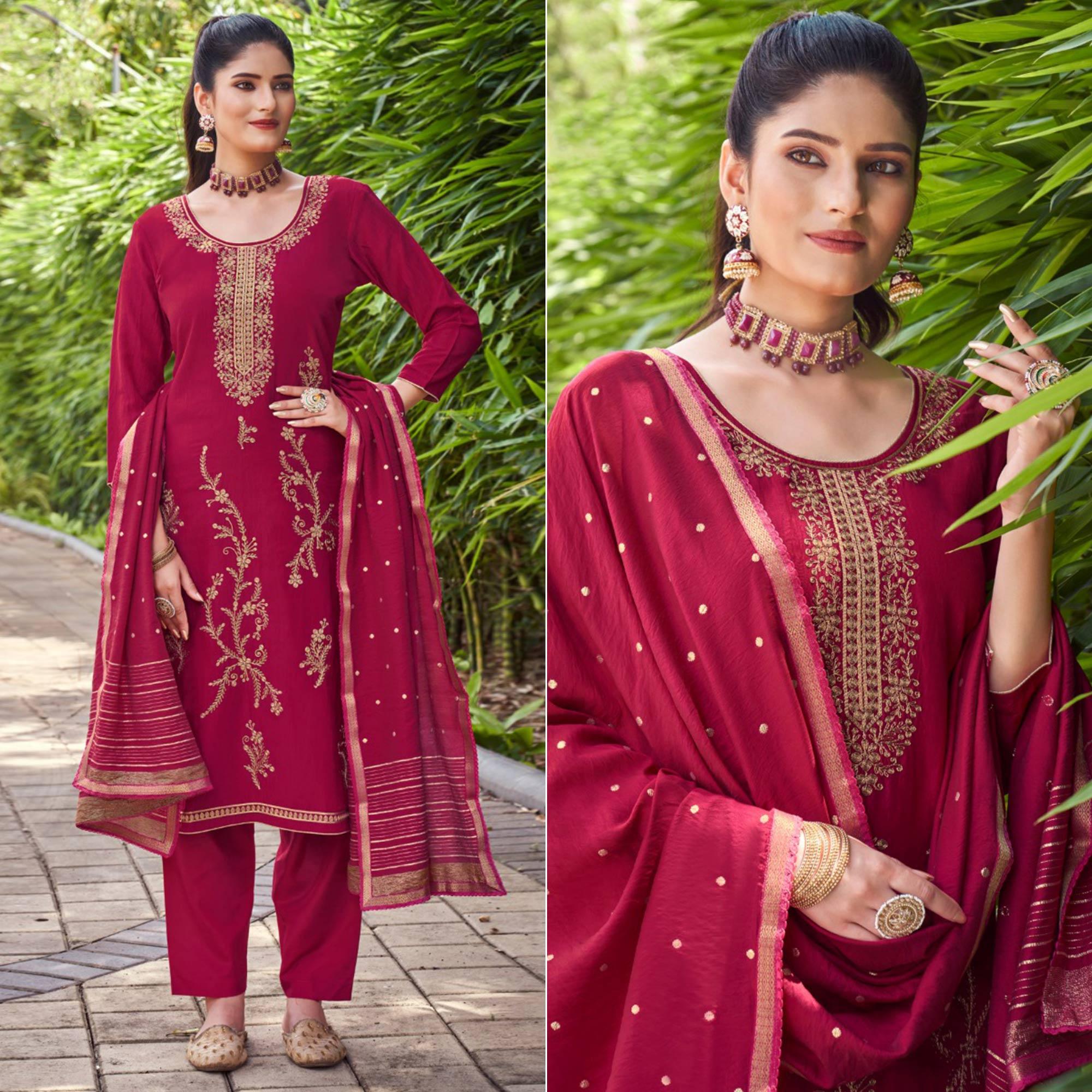 Pink Embroidered Art Silk Salwar Suit - Peachmode