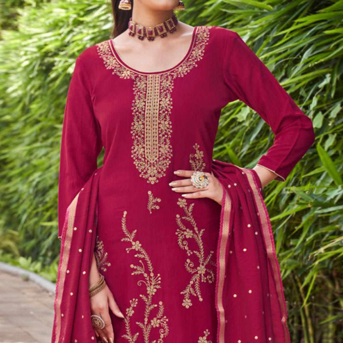 Pink Embroidered Art Silk Salwar Suit - Peachmode