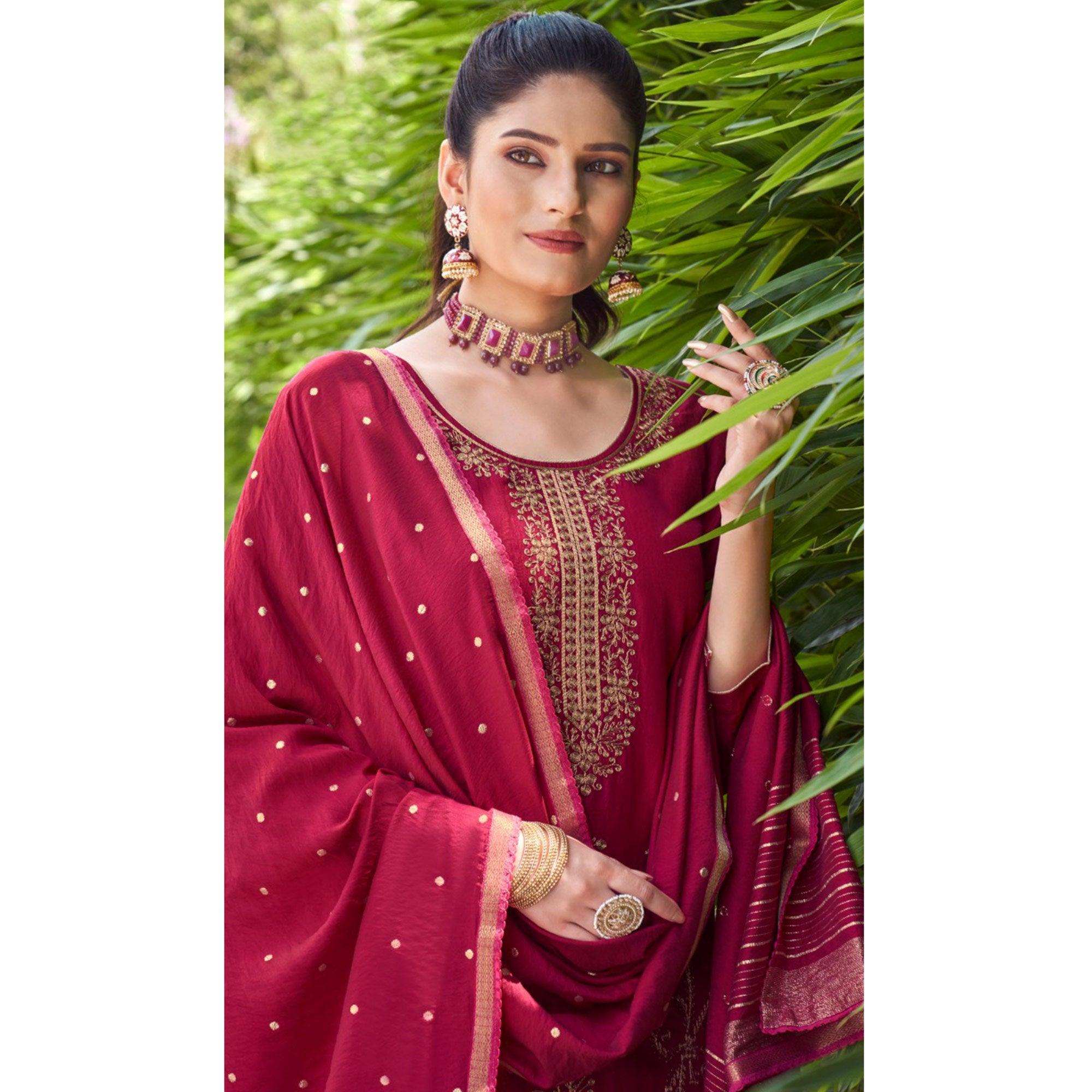 Pink Embroidered Art Silk Salwar Suit - Peachmode