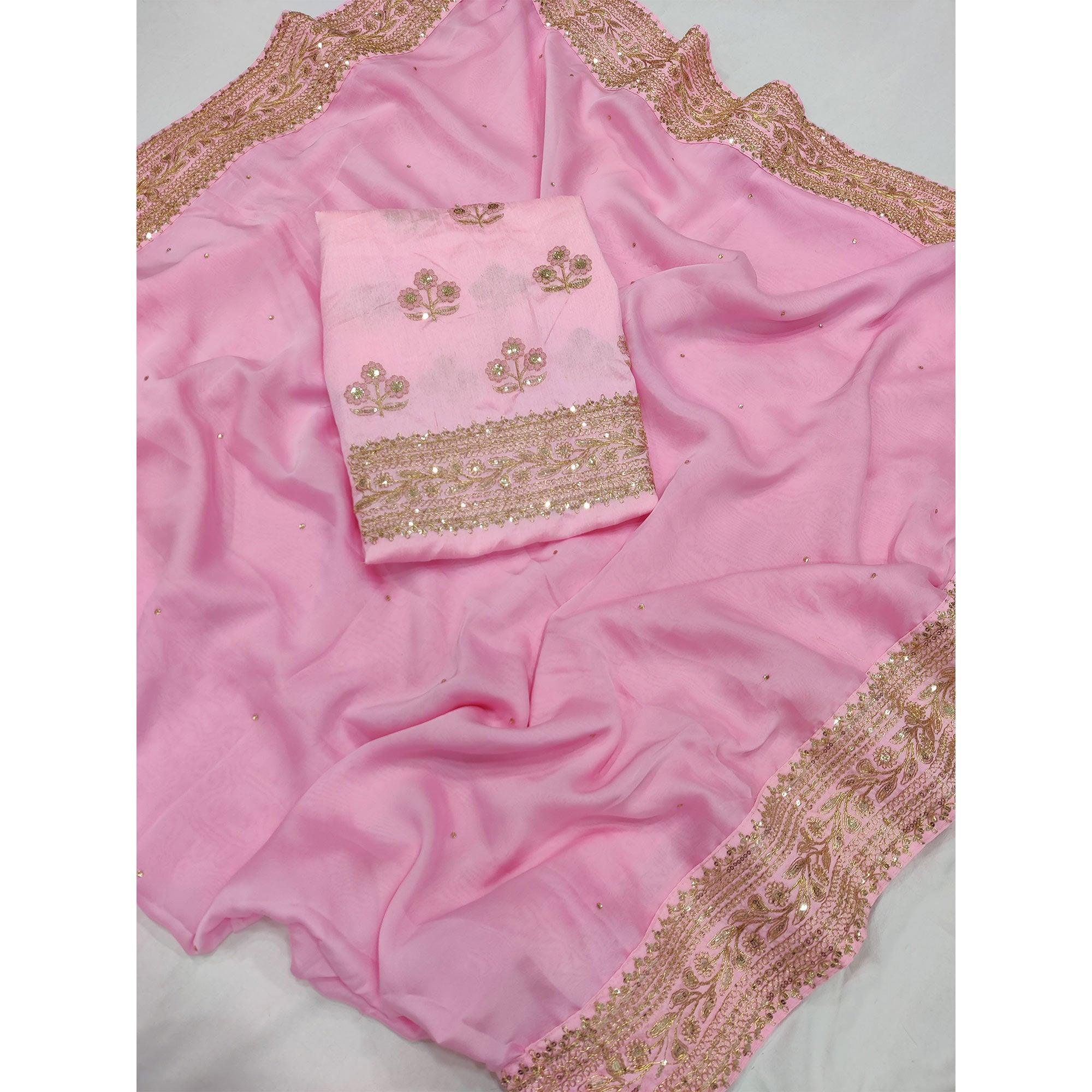 Pink Embroidered Art Silk Saree - Peachmode