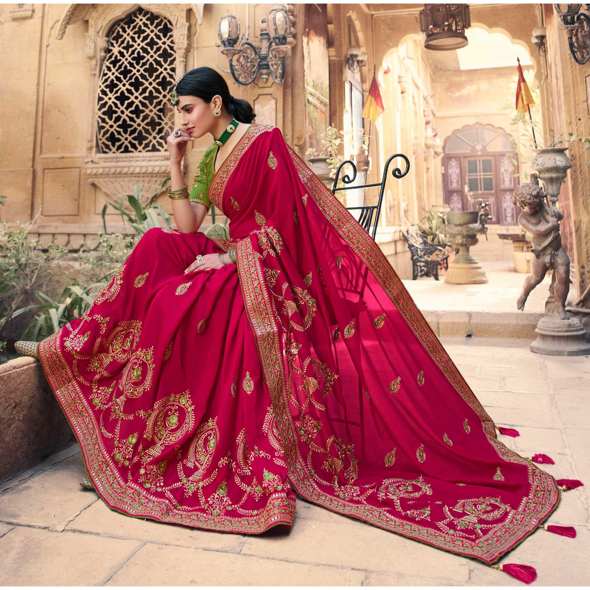 Pink Embroidered Art Silk Saree With Tassels - Peachmode