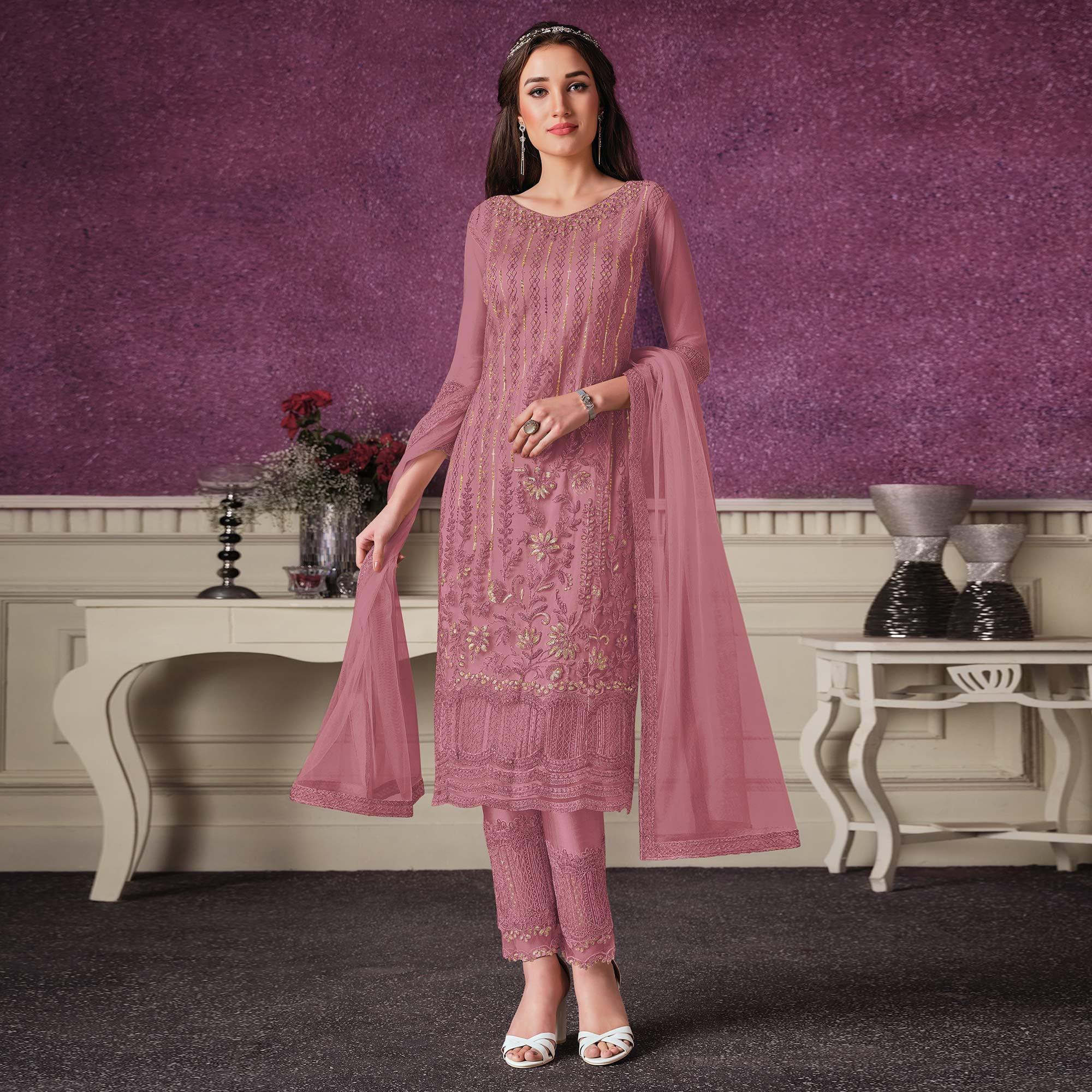 Pink Embroidered Butterfly Net Partywear Suit - Peachmode