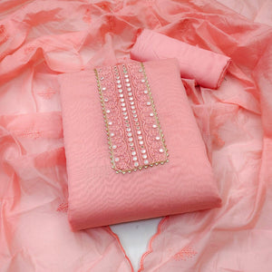 Pink Embroidered Chanderi Dress Material - Peachmode