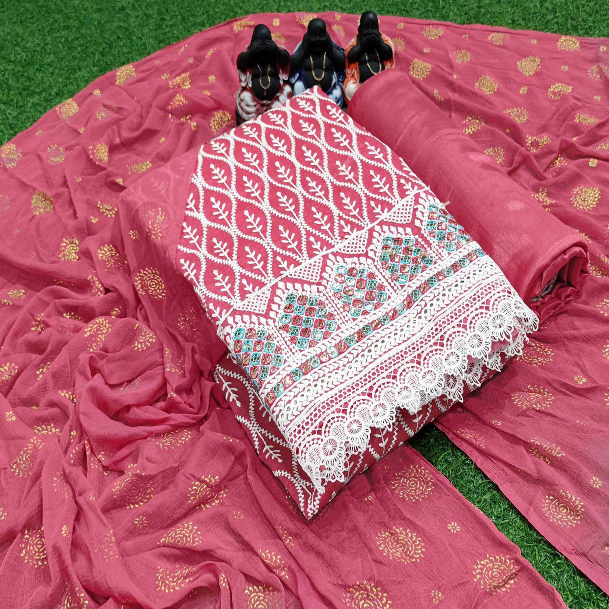 Pink Embroidered Chanderi Dress Material - Peachmode