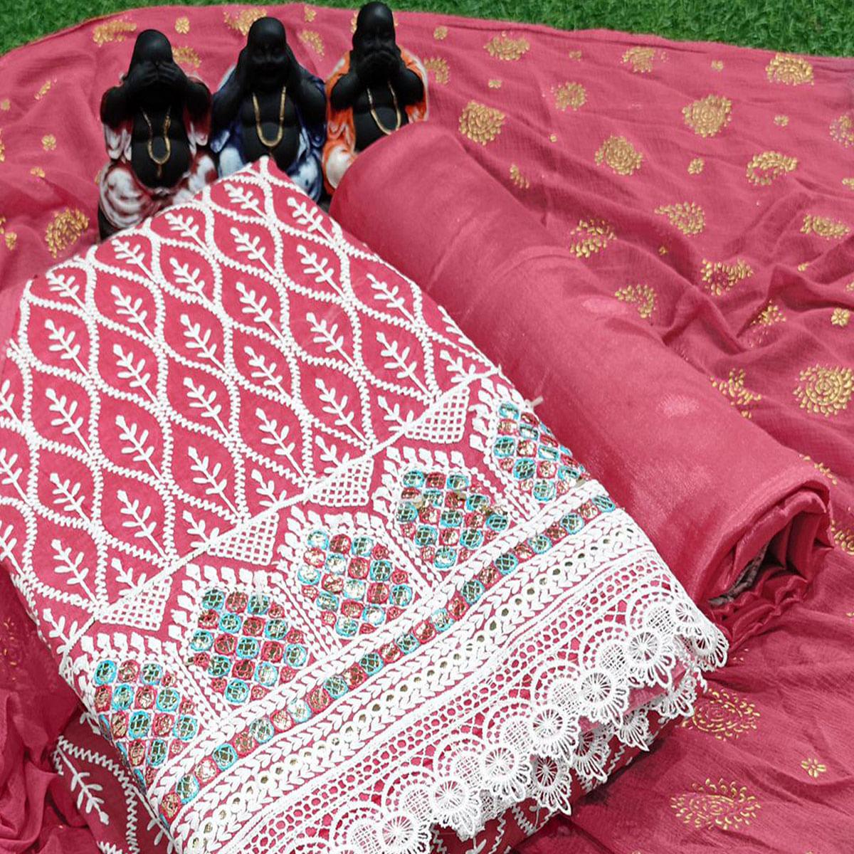 Pink Embroidered Chanderi Dress Material - Peachmode