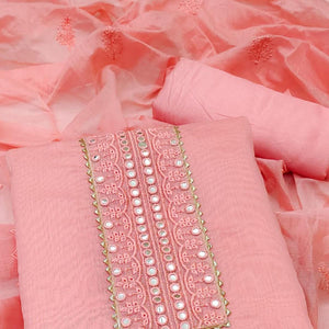 Pink Embroidered Chanderi Dress Material - Peachmode