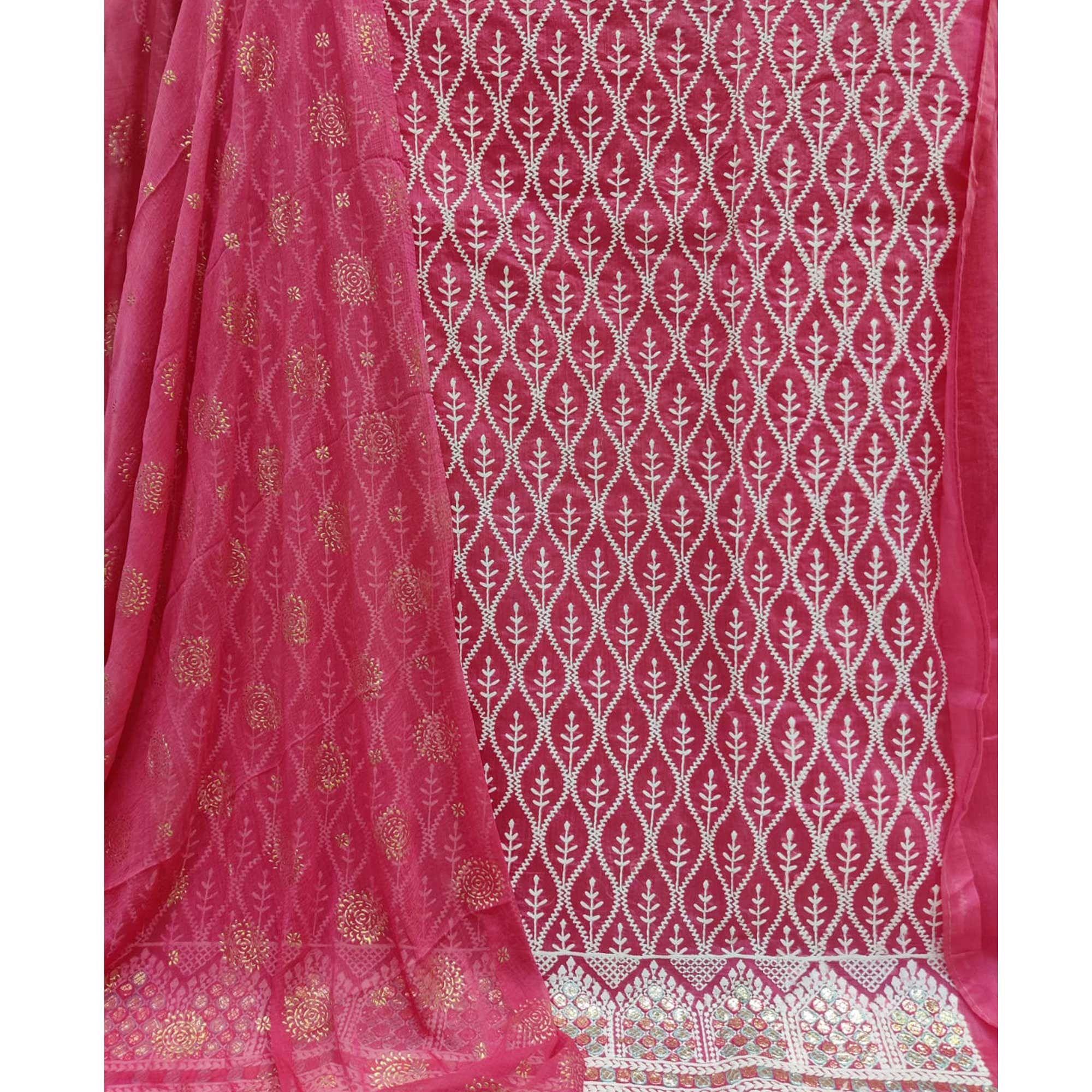 Pink Embroidered Chanderi Dress Material - Peachmode