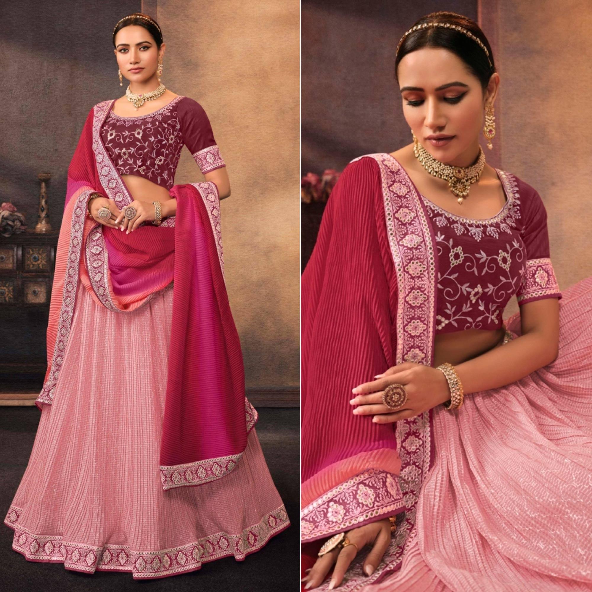 Pink Embroidered Chiffon Lehenga Choli - Peachmode