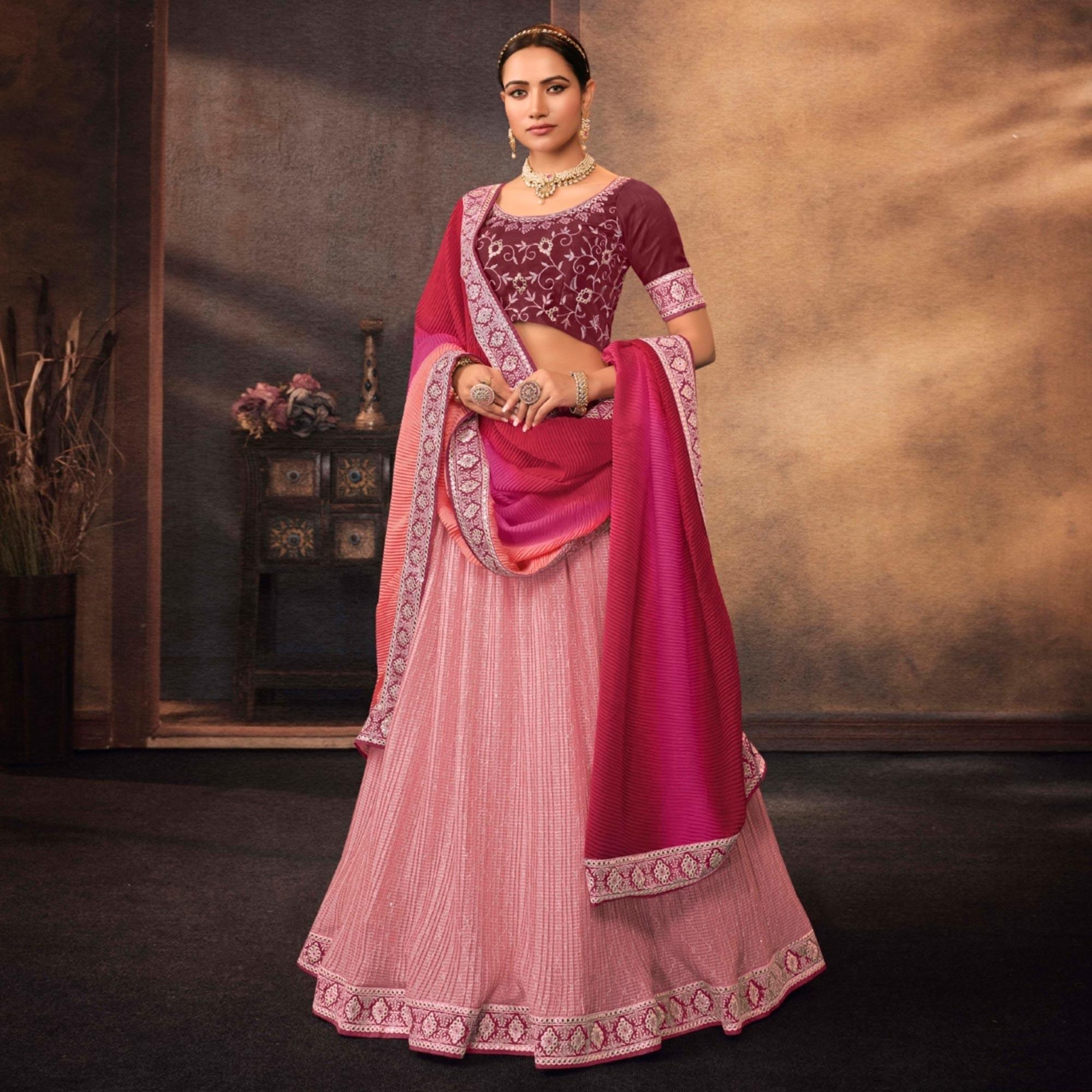 Pink Embroidered Chiffon Lehenga Choli - Peachmode
