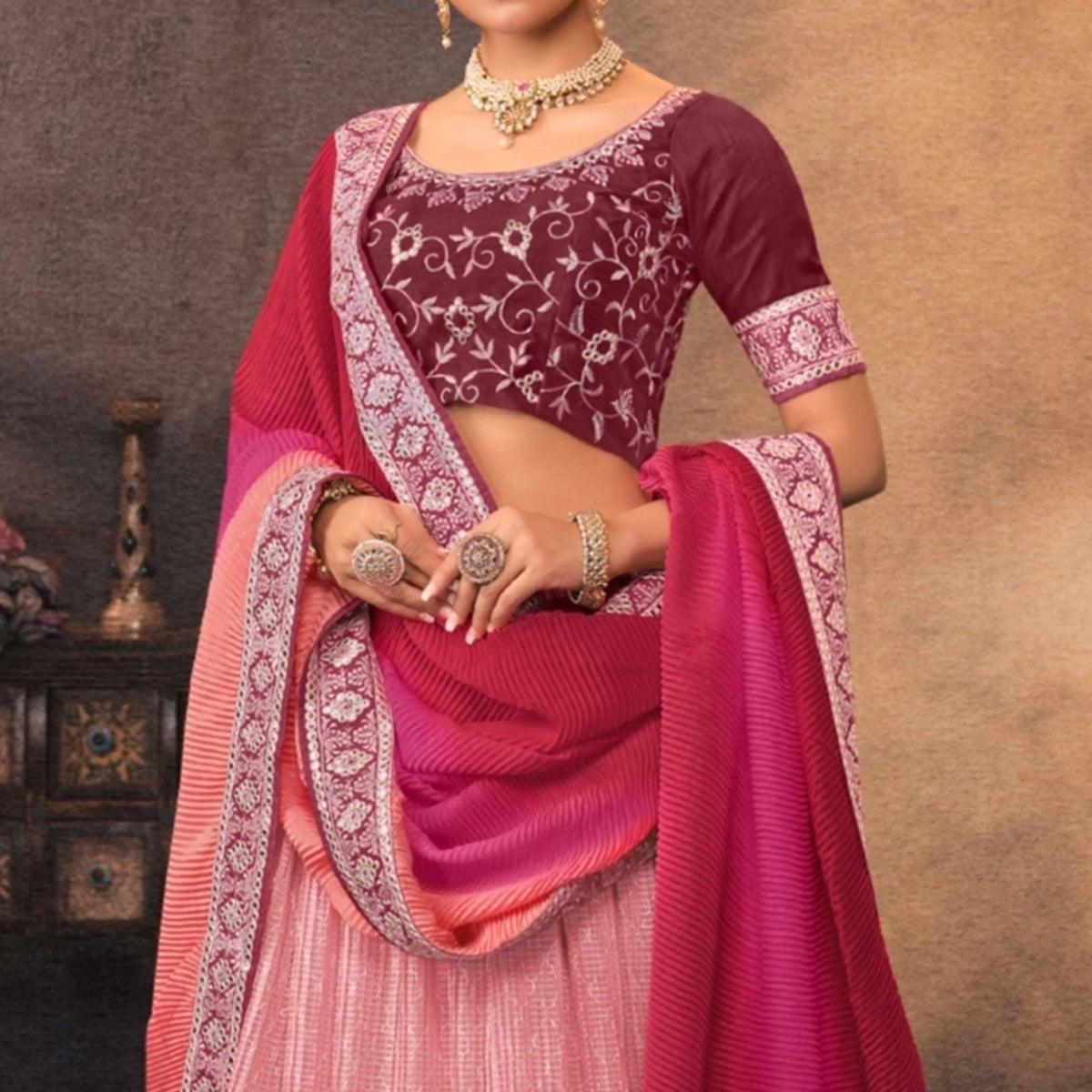Pink Embroidered Chiffon Lehenga Choli - Peachmode