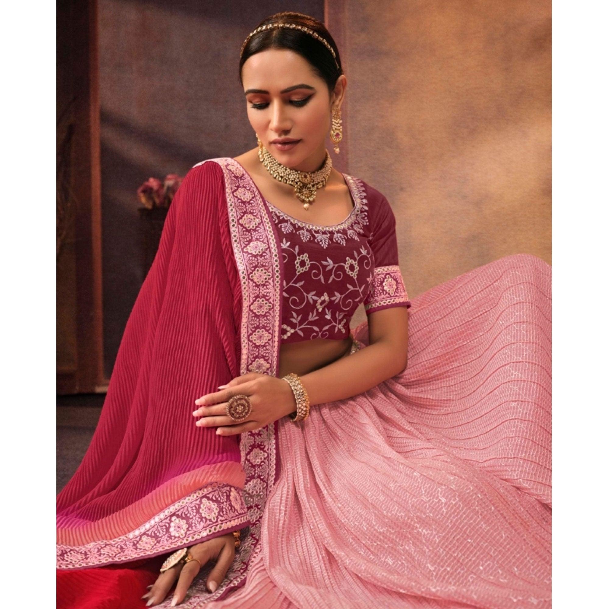 Pink Embroidered Chiffon Lehenga Choli - Peachmode