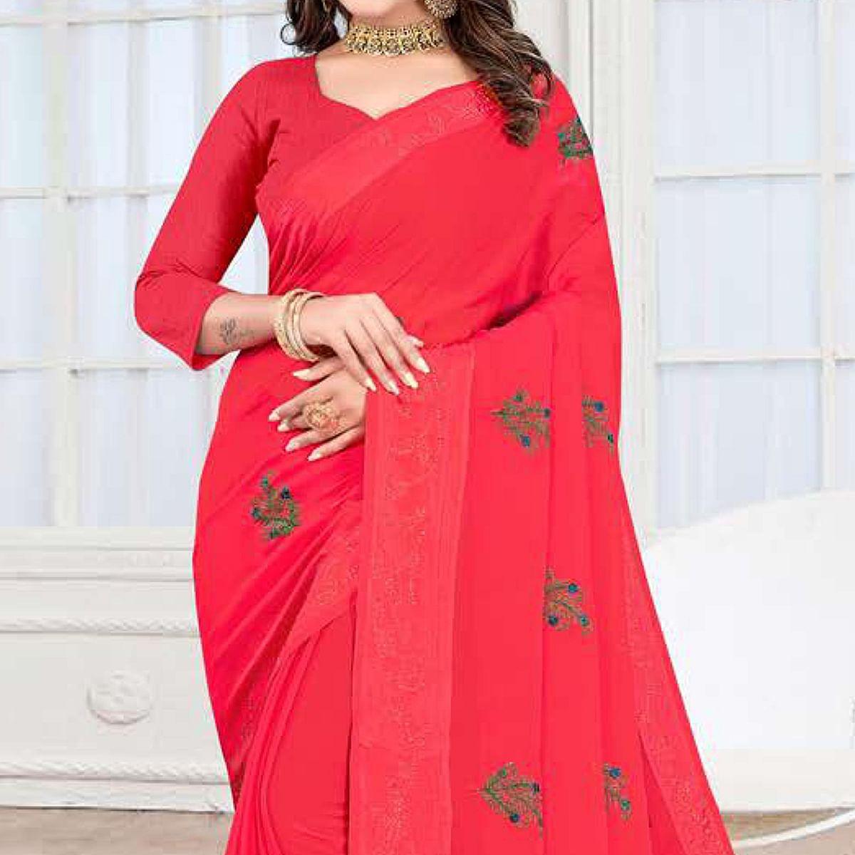 Pink Embroidered Chiffon Saree - Peachmode