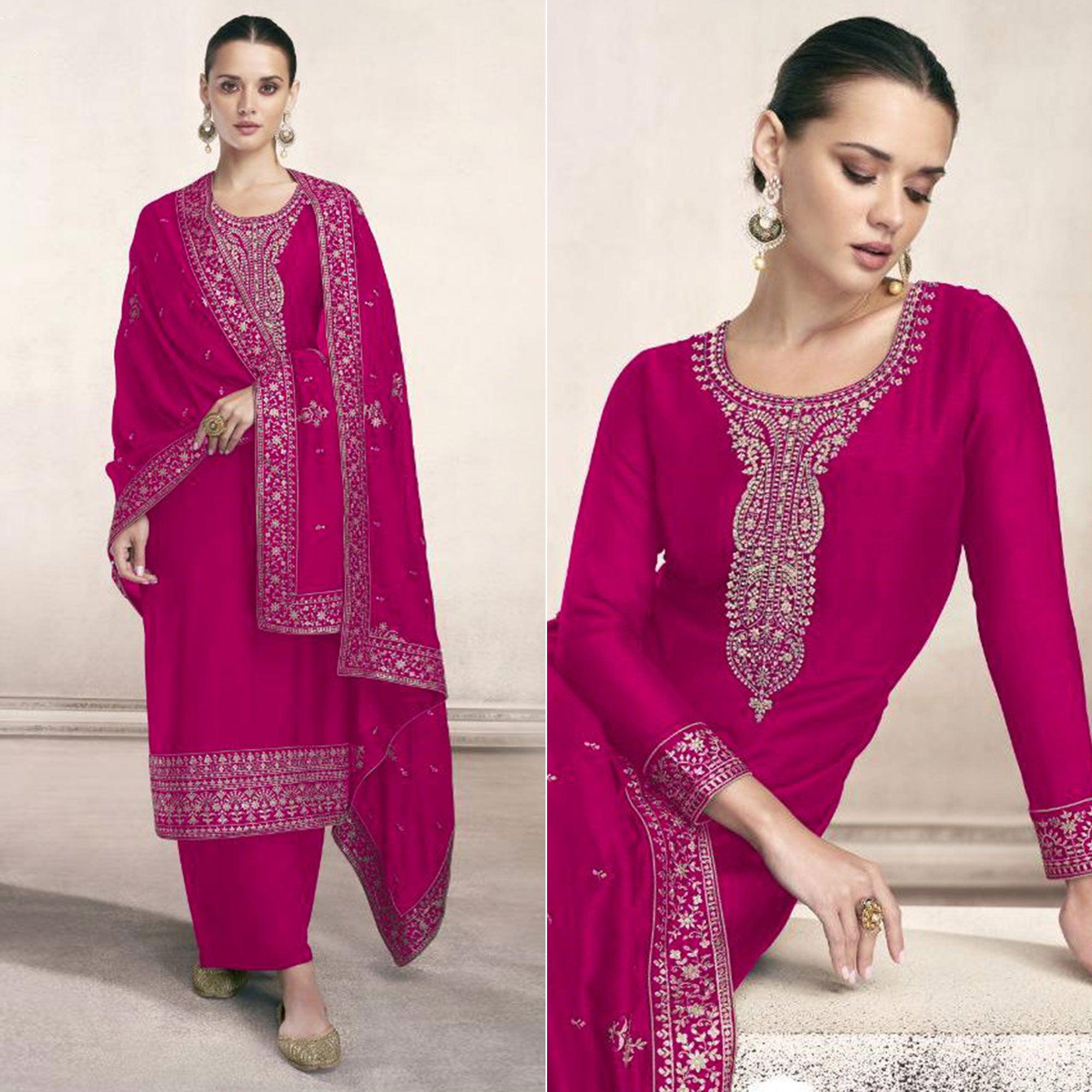 Pink Embroidered Dola Silk Salwar Suit - Peachmode