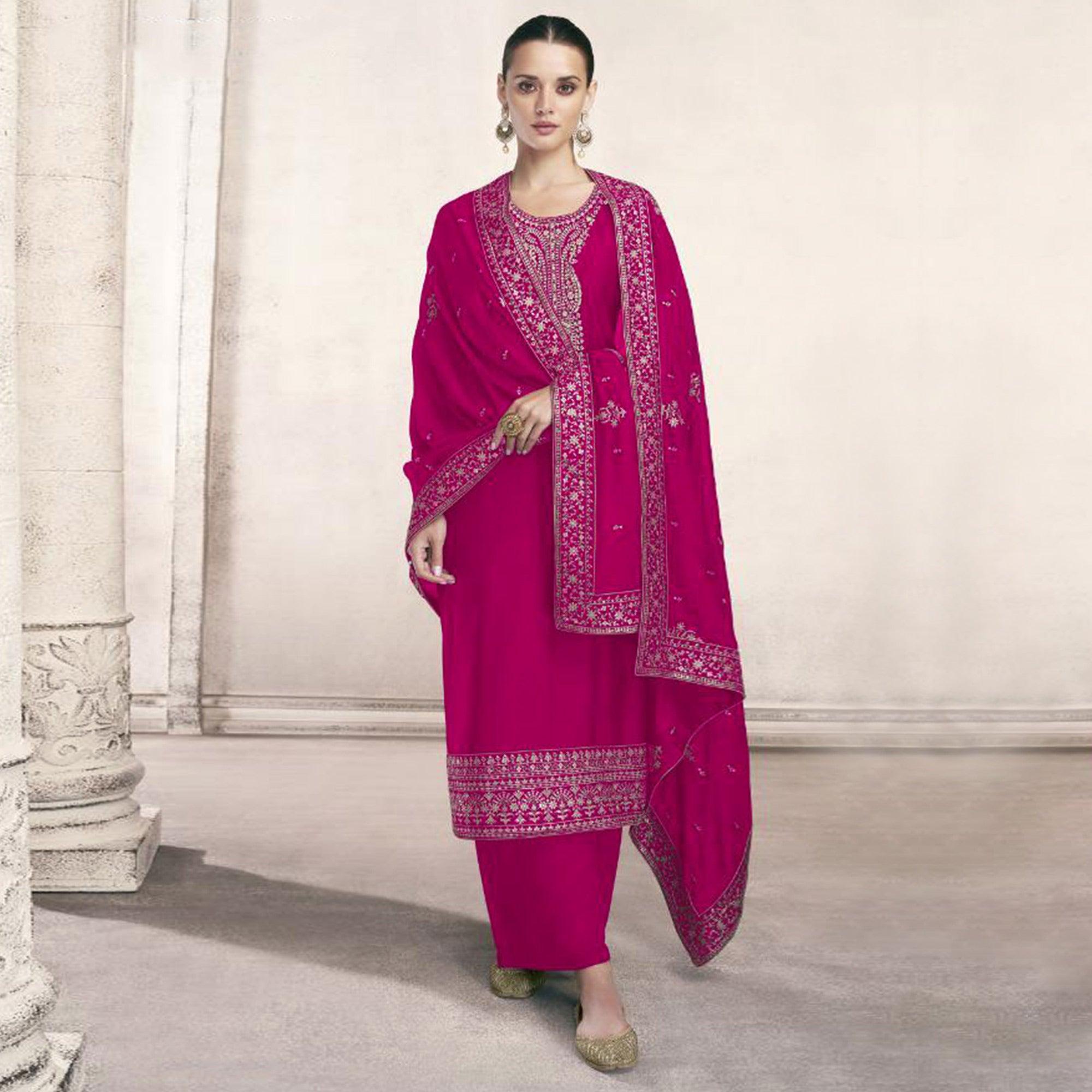 Pink Embroidered Dola Silk Salwar Suit - Peachmode