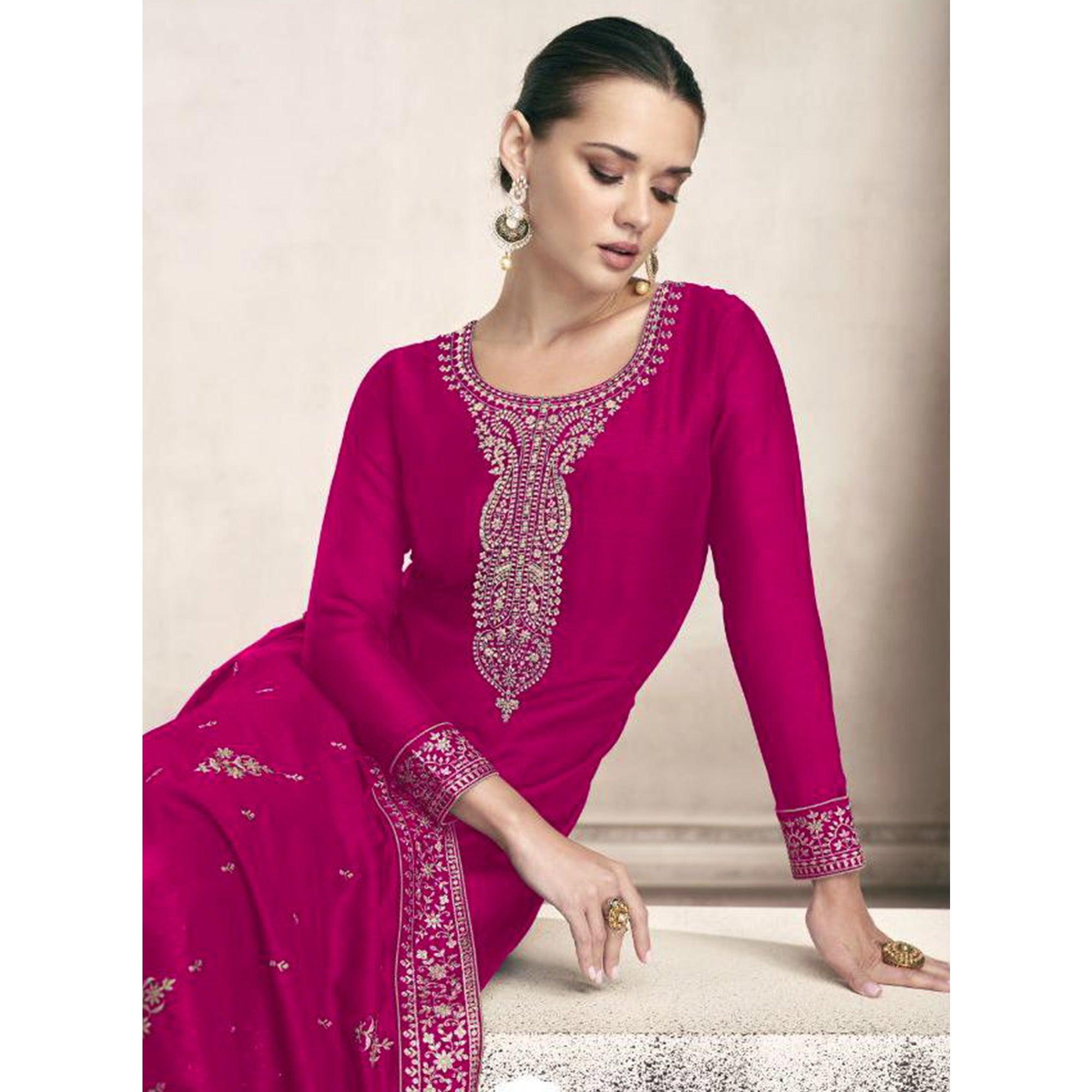 Pink Embroidered Dola Silk Salwar Suit - Peachmode