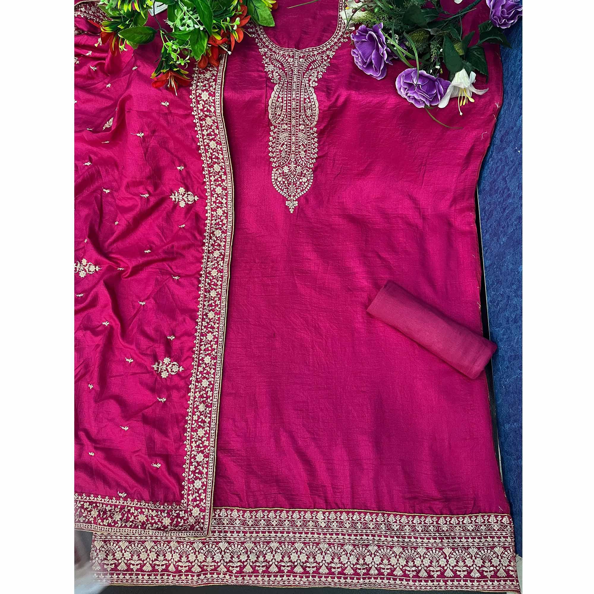 Pink Embroidered Dola Silk Salwar Suit - Peachmode