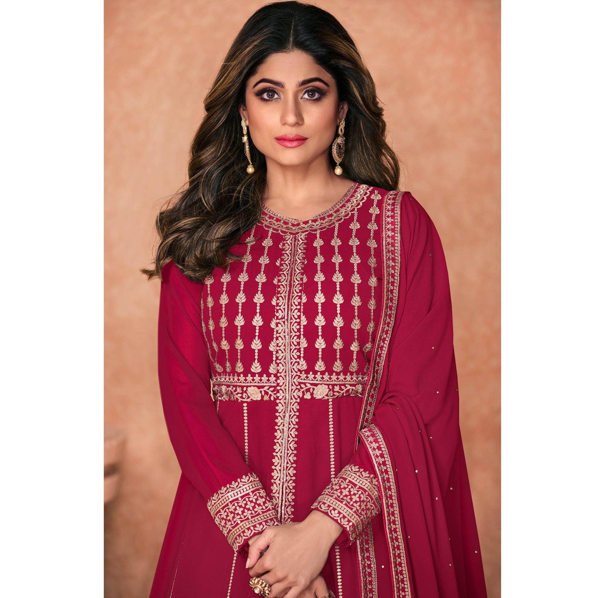 Pink Embroidered Georgette Anarkali Style Gown - Peachmode