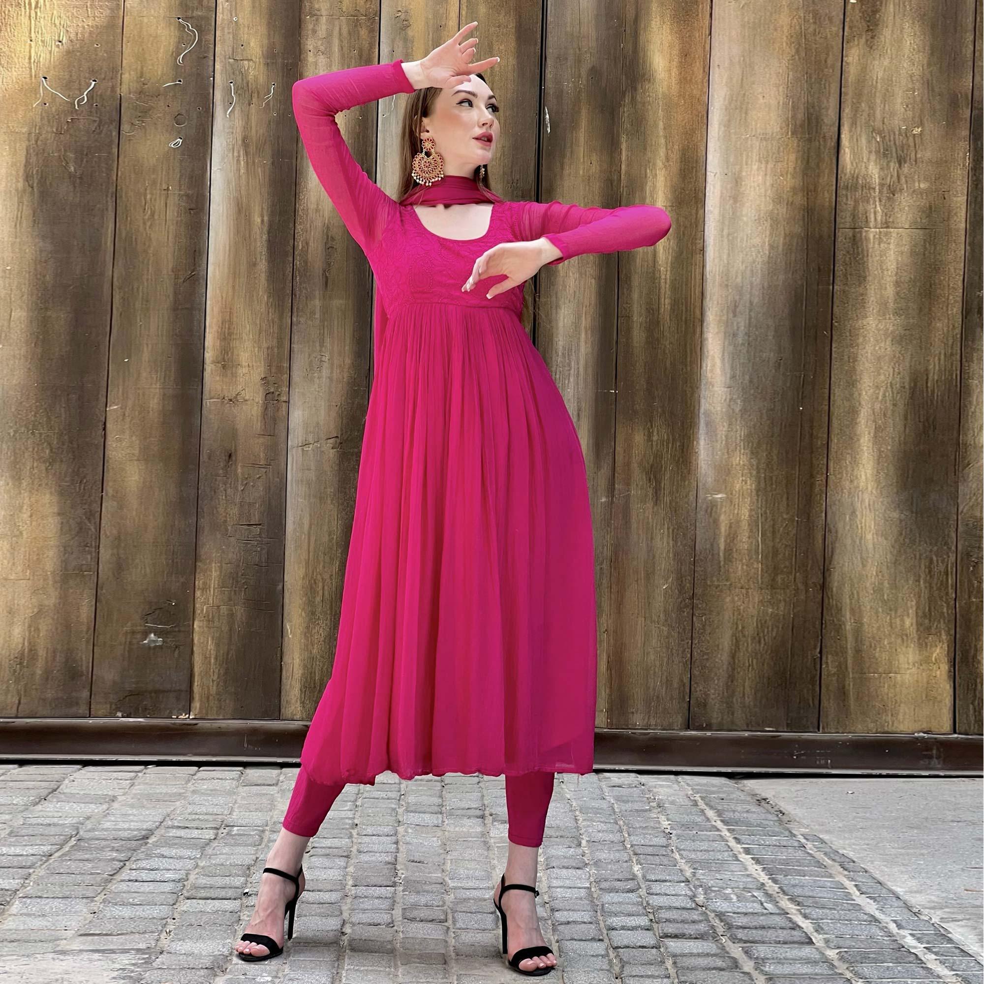Pink Embroidered Georgette Anarkali Suit - Peachmode