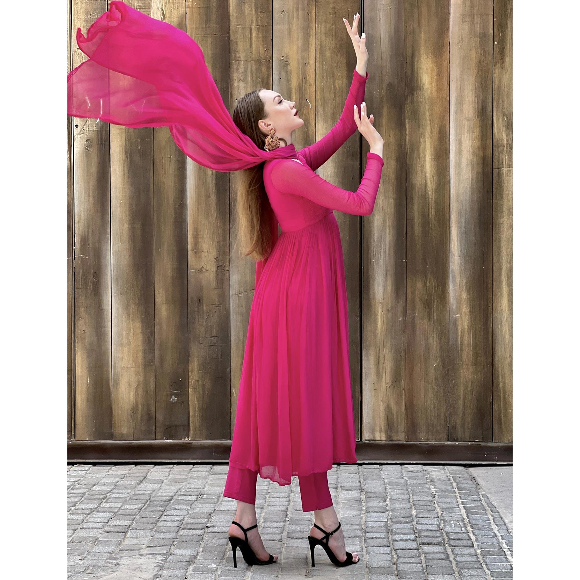 Pink Embroidered Georgette Anarkali Suit - Peachmode