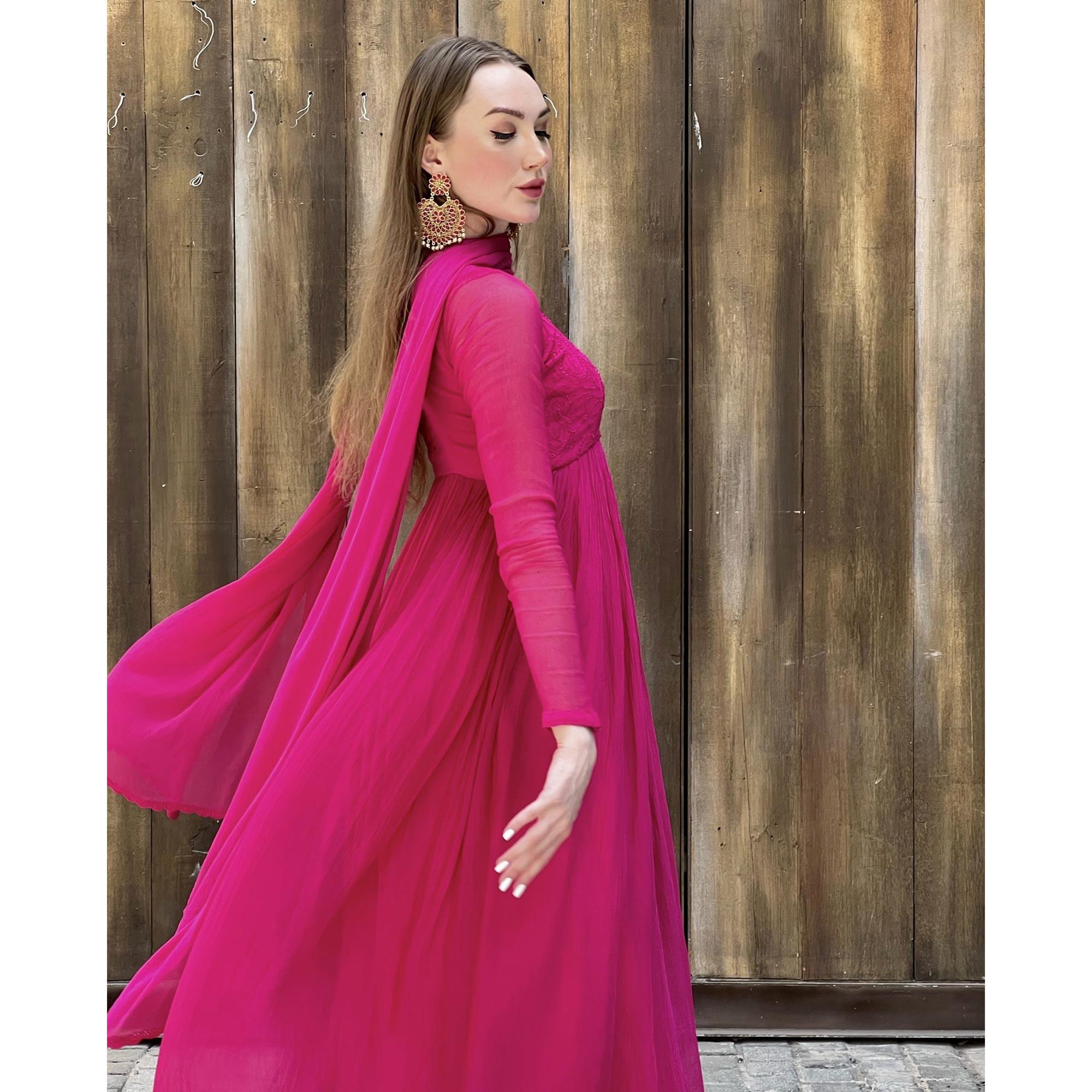 Pink Embroidered Georgette Anarkali Suit - Peachmode