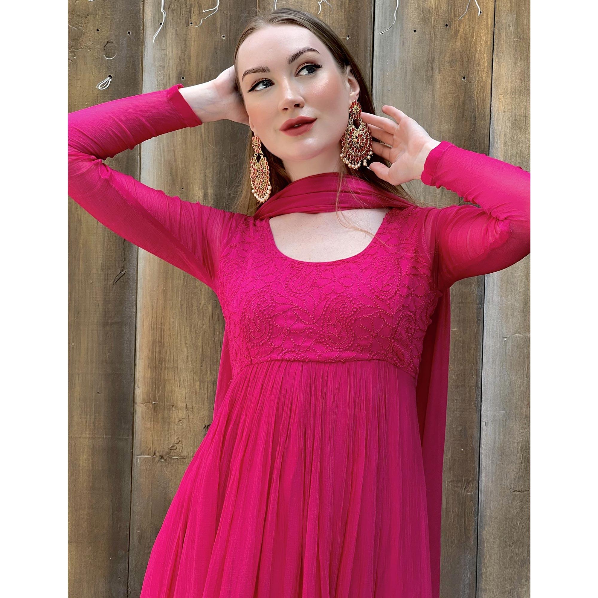 Pink Embroidered Georgette Anarkali Suit - Peachmode
