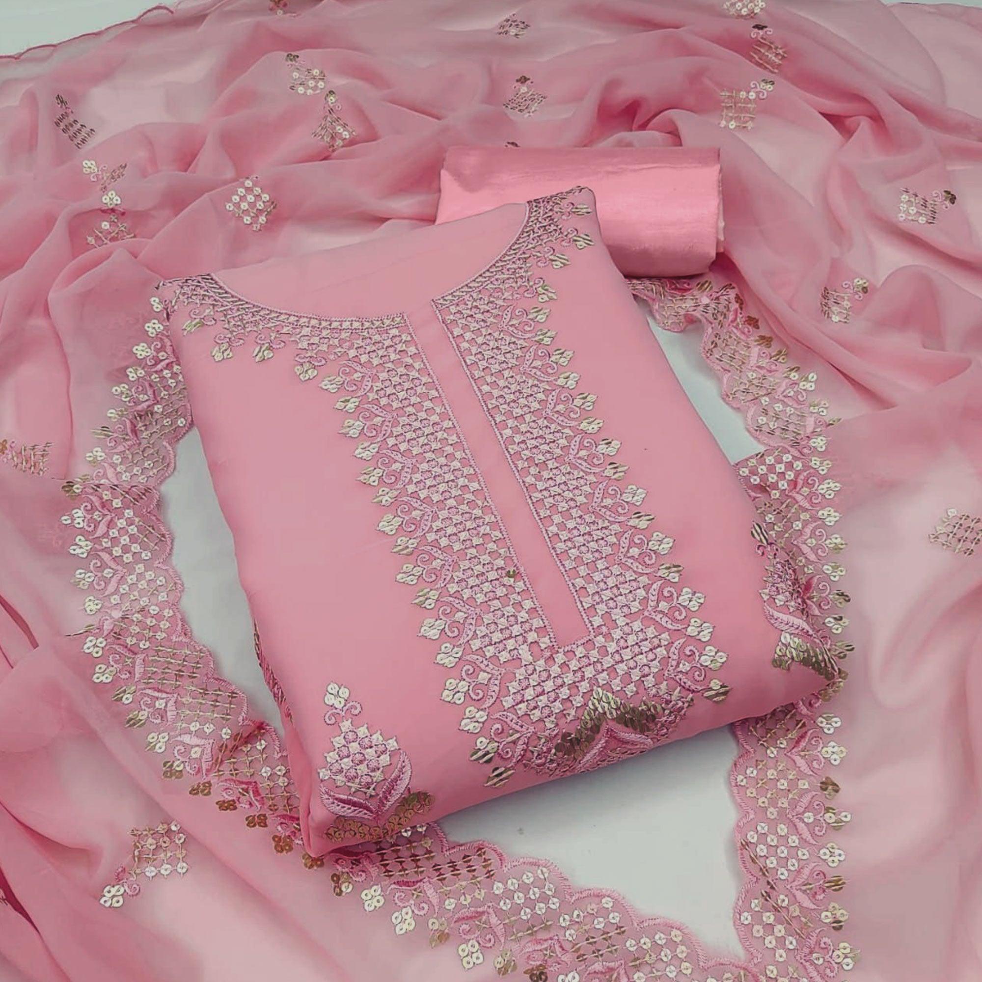 Pink Embroidered Georgette Dress Material - Peachmode