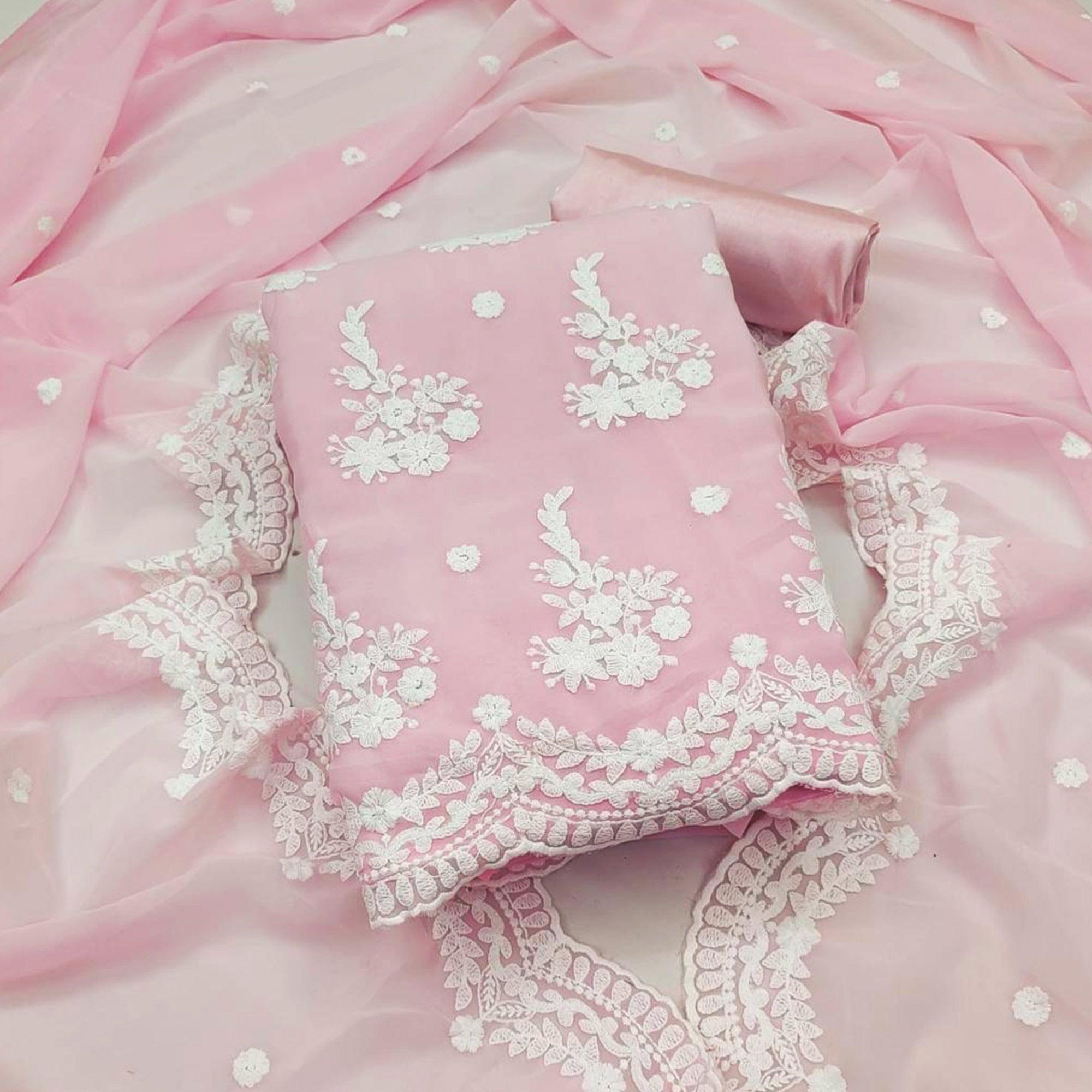 Pink Embroidered Georgette Dress Material - Peachmode